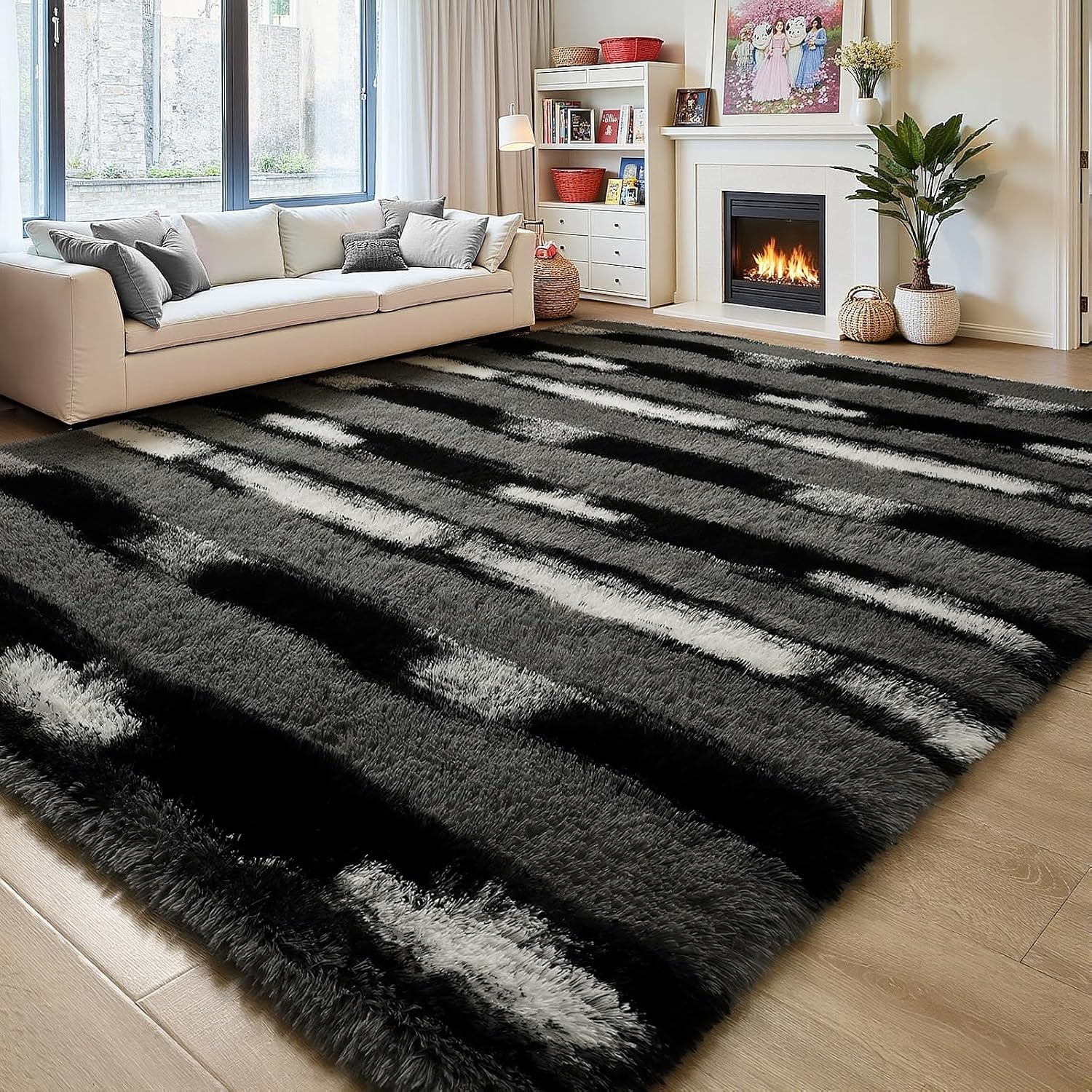 4×6 Black and Grey Striped Soft Plush Area Rugs 4′ x 6′ Rectangular D Grey White