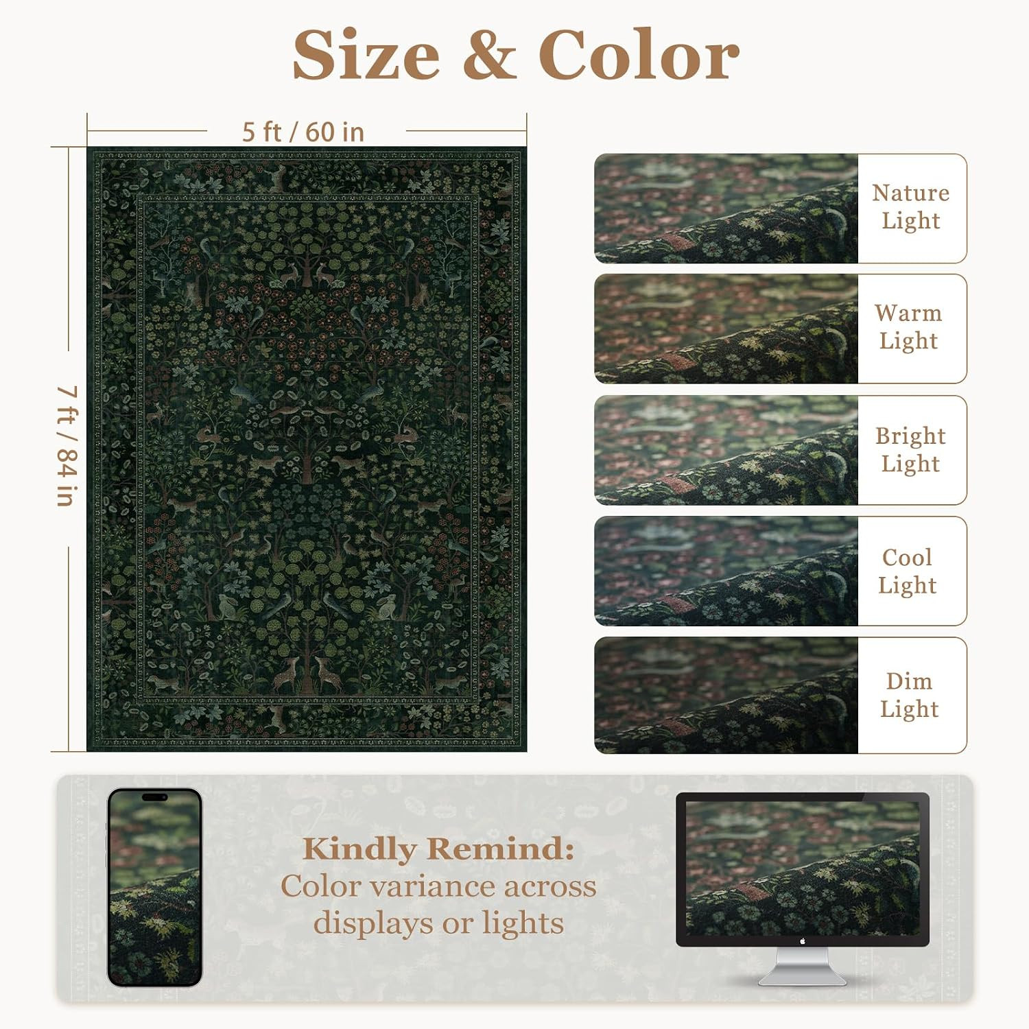 Woodland Floral Animal 5X7 Washable Rugs for Living Room, Whimsical Tree of Life