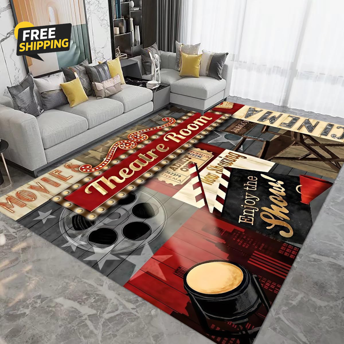 Soft Area Rugs Vintage Movie Theater Rugs Large Non-Slip Cozy Carpet Movie Room