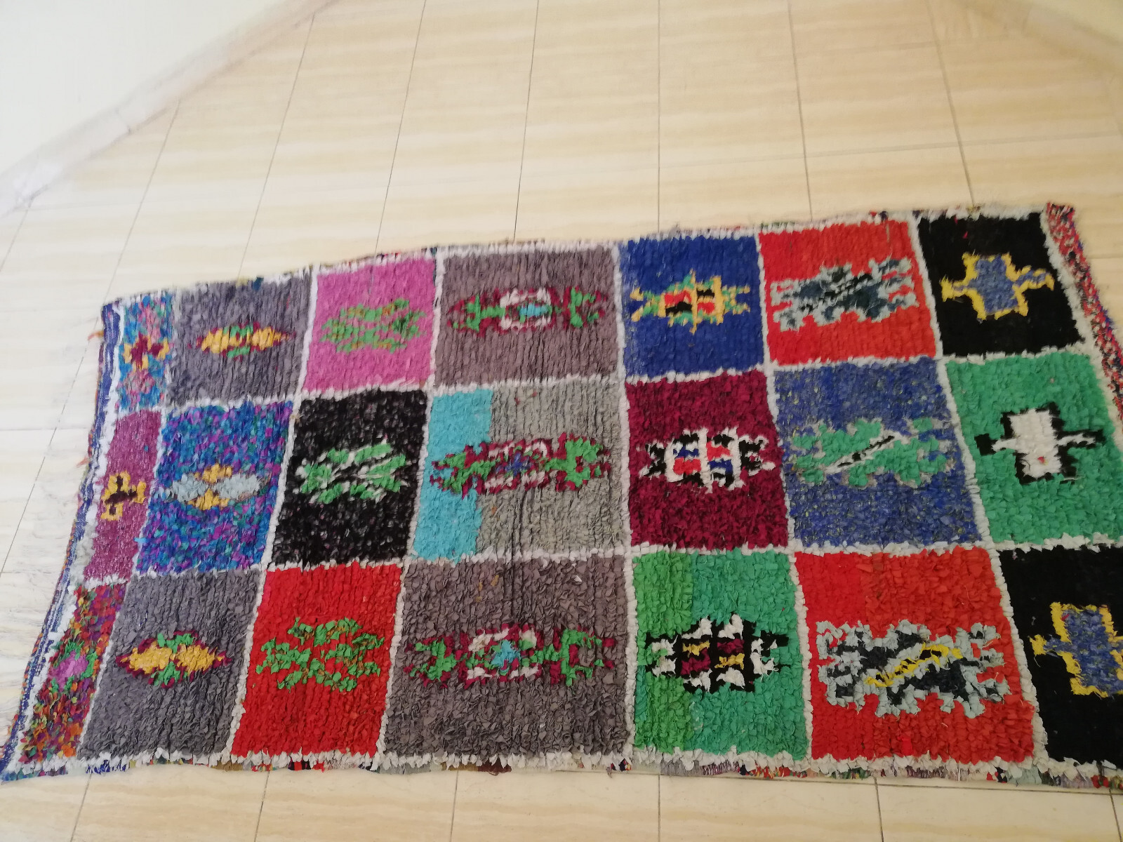 Moroccan berber boucherouite rug handmade with recycled fabrics