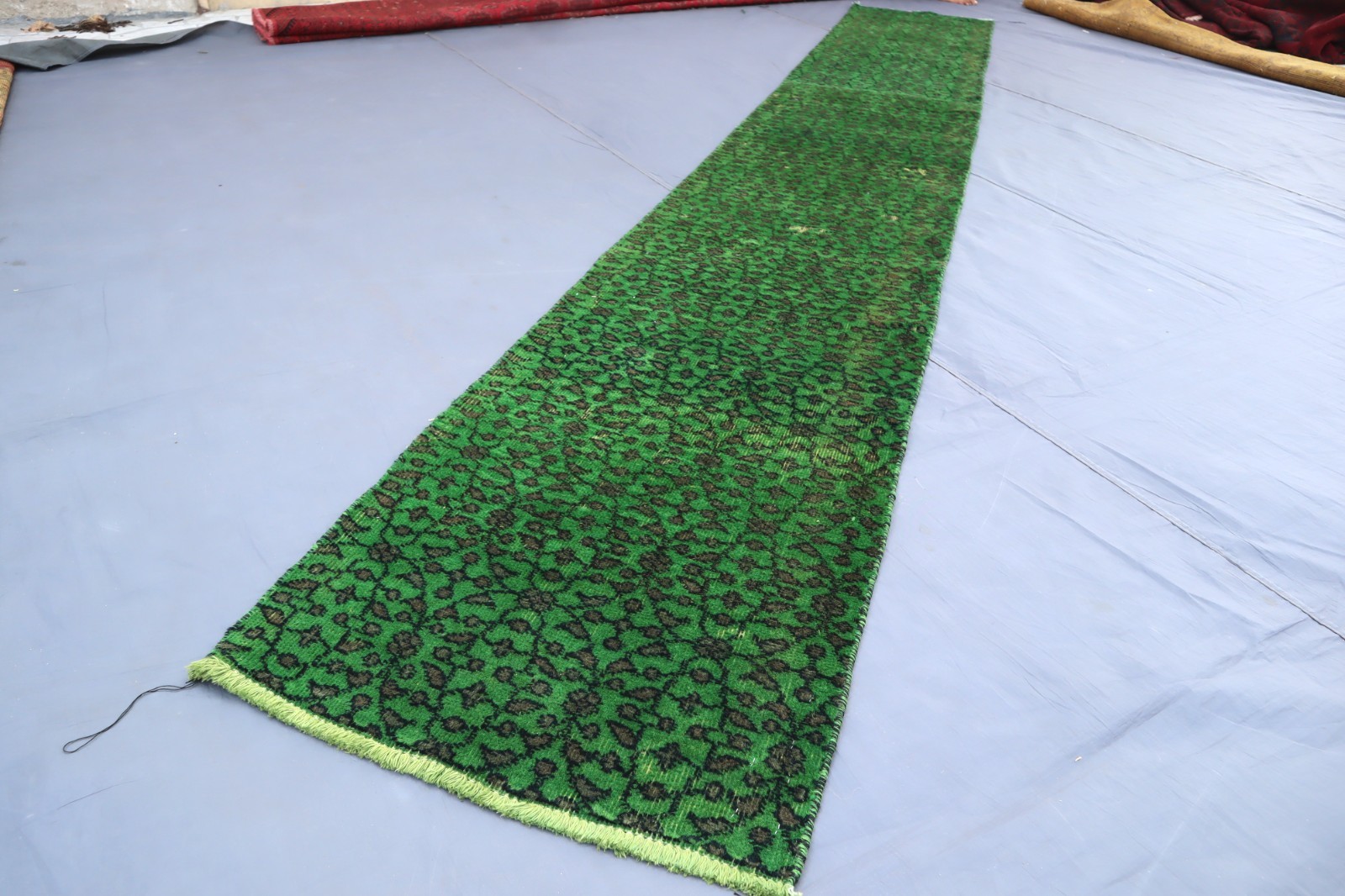 Green Runner rug 2’2×13’8 ft Afghan Overdyed Hand Knotted Narrow Runner Rug