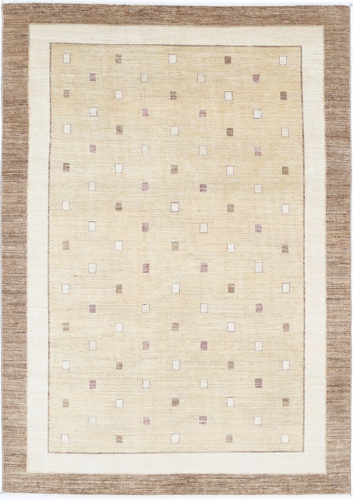 5.7×8 ft Hand Knotted Beige and Taupe Rug. Minimal Geometric Dot Design Carpet