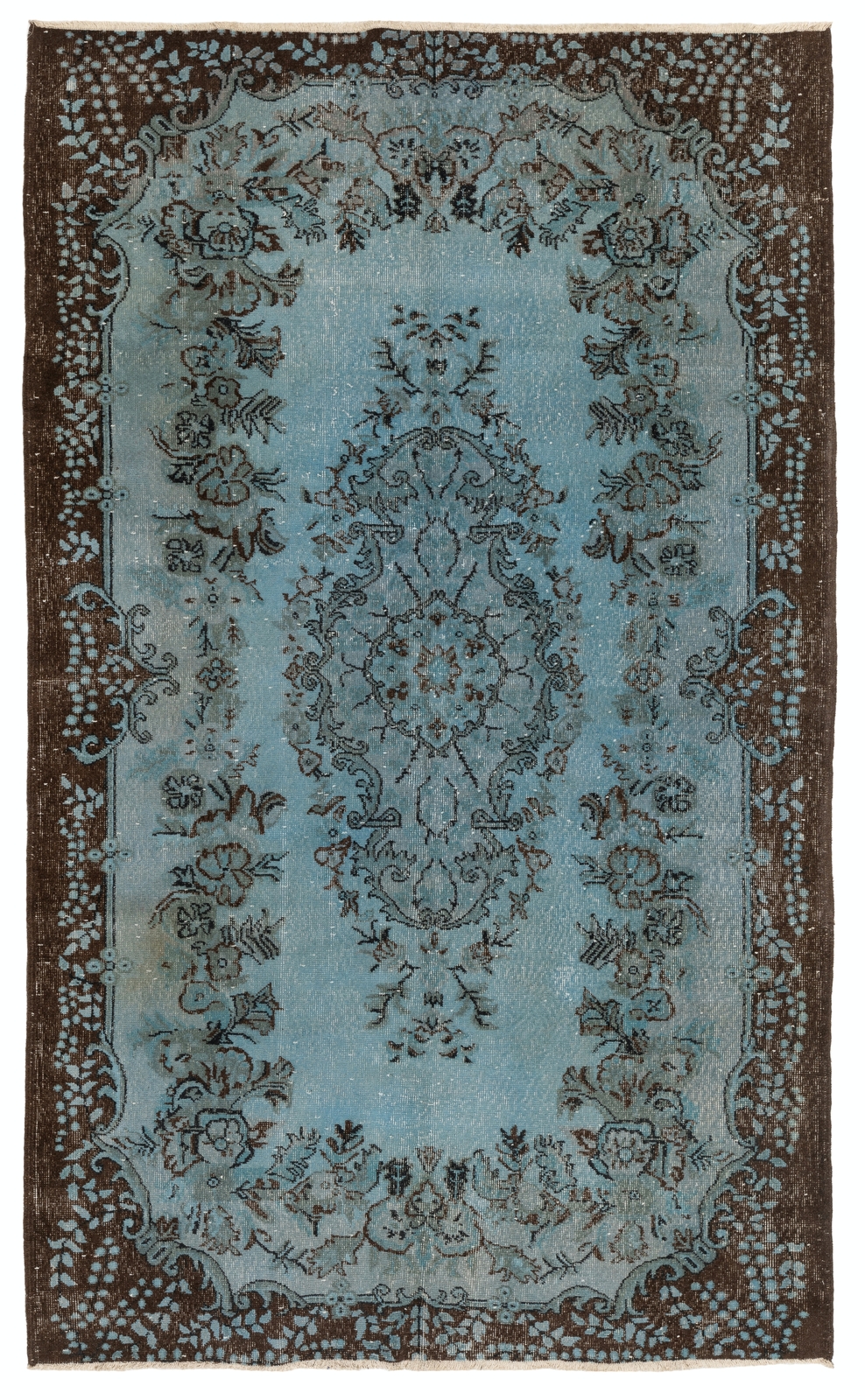 6×9.2 Ft Vintage Area Rug Redyed in Denim Blue Color, Hand-Knotted in Turkey