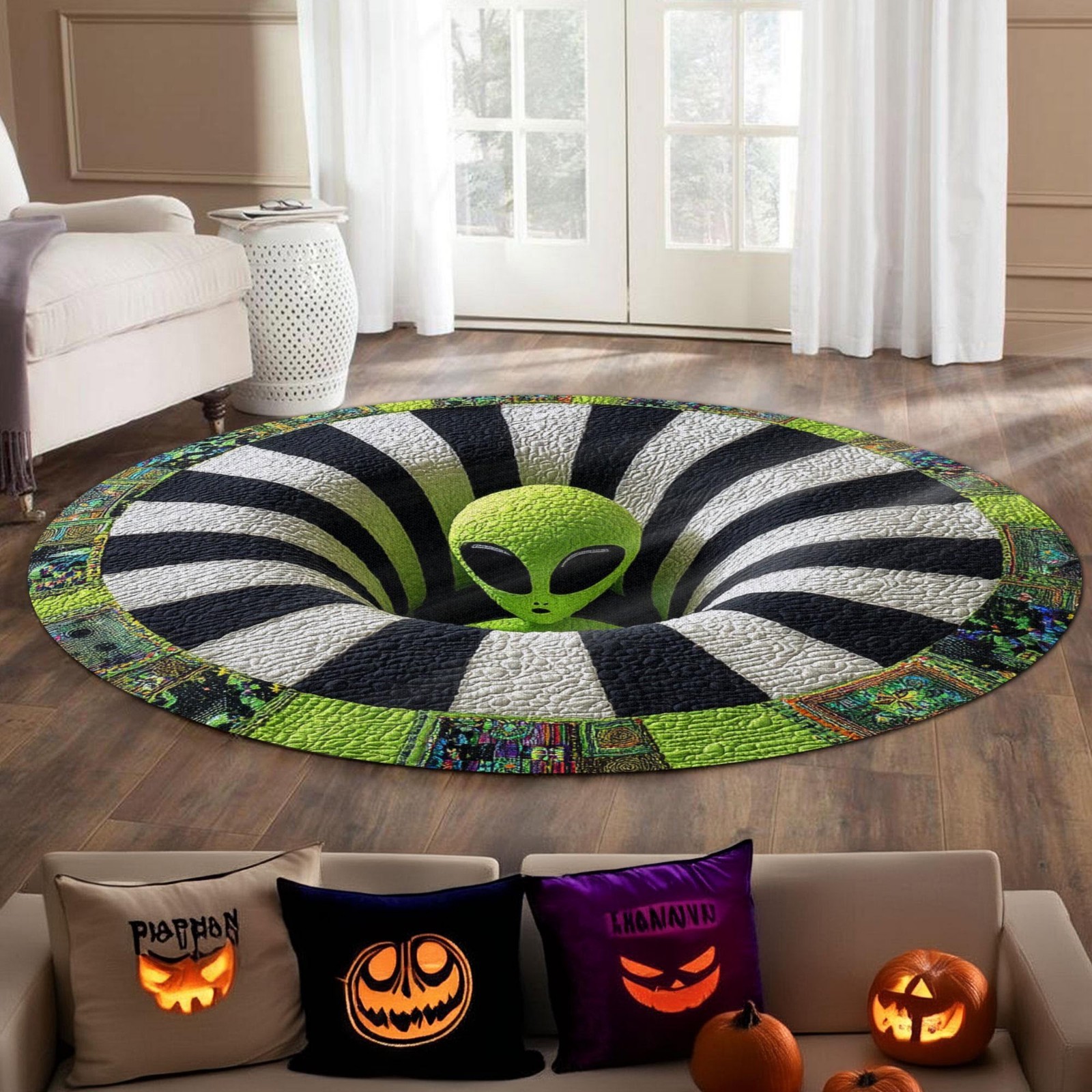 3D Alien Round Rug Optical Illusion Green UFO Spiral Carpet Home Decor Gift Idea