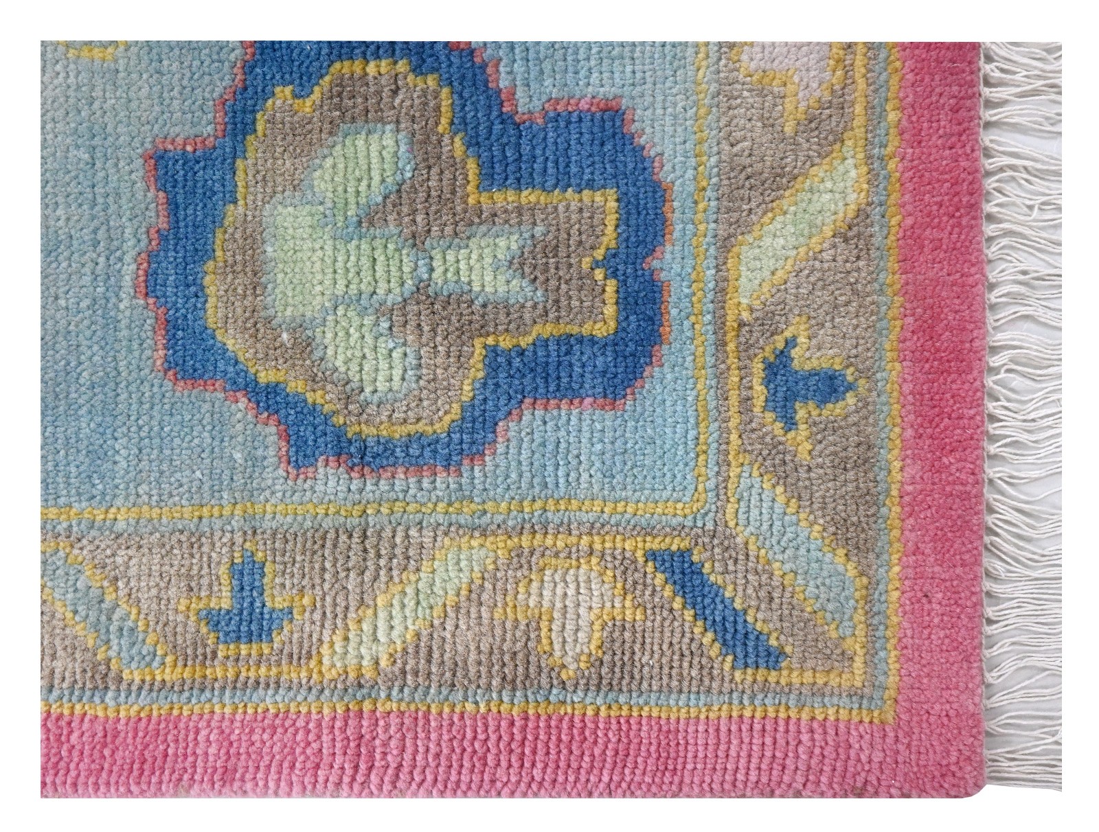 Hand Knotted Oushak Wool Area Rug Pink Aqua Multi Color Abstract Motif Design