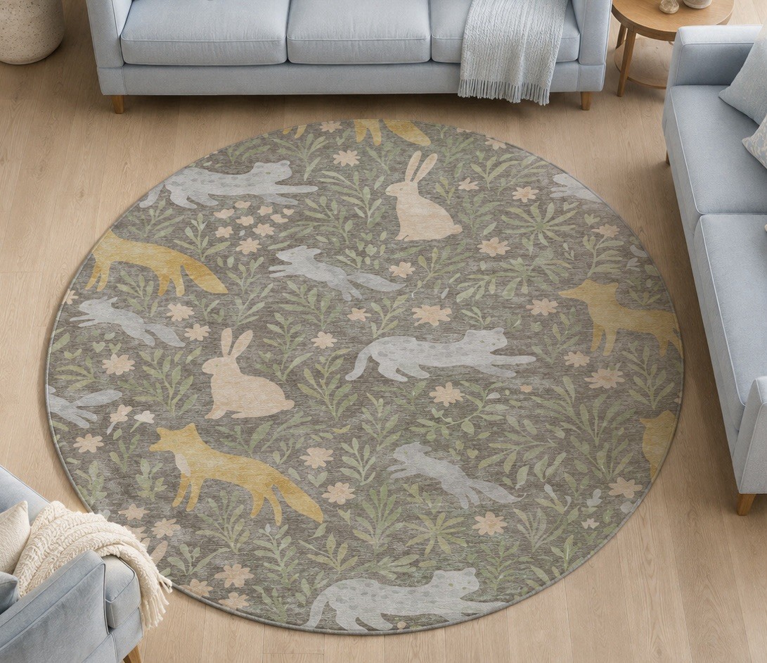 Bliss Forest Animals Botanical Leaves Washable Rug Indoor Outdoor 8’ Taupe Round