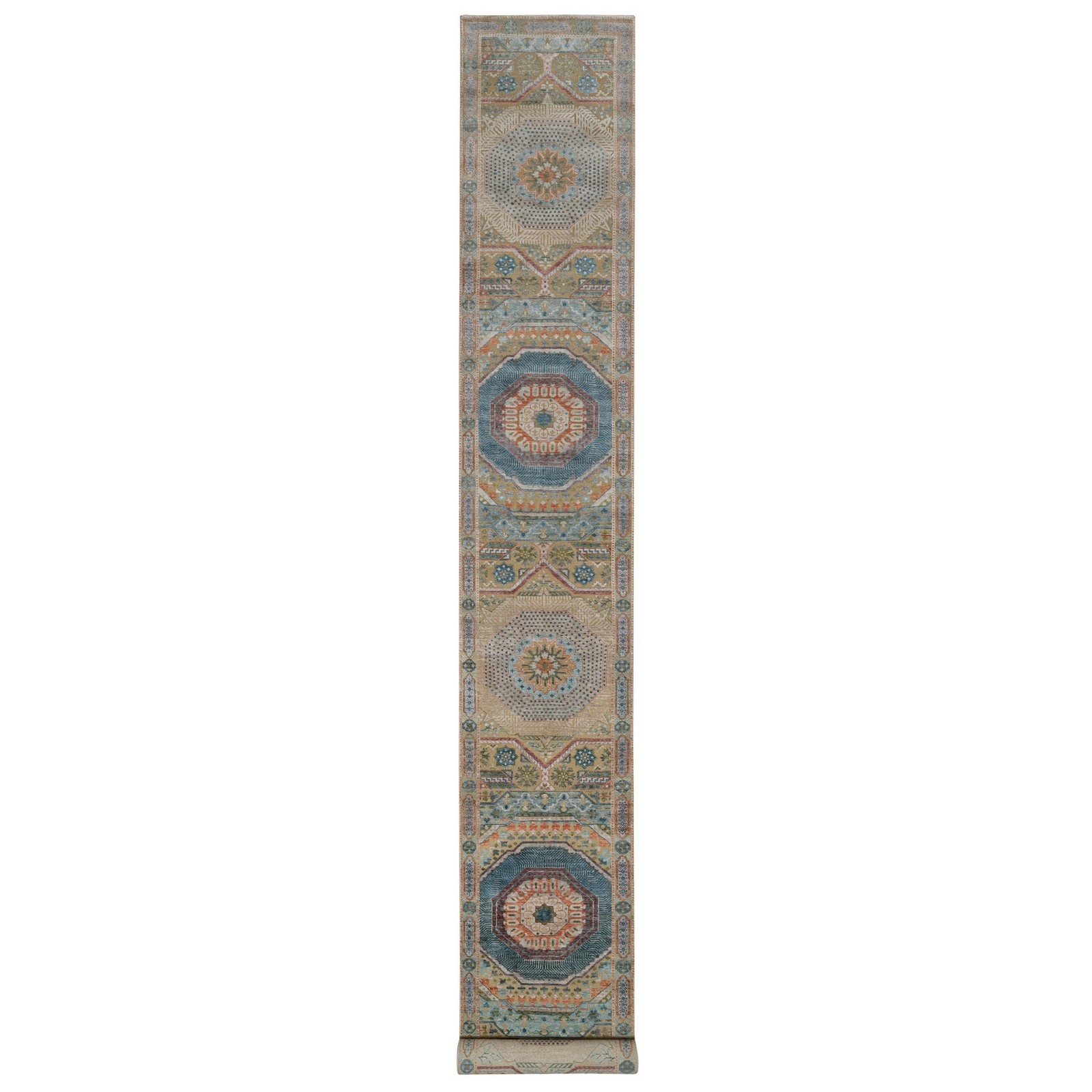 2’8″x19’10” Brown Rug Mamluk Design Hand Knotted Wool and Silk XL Runner 91906