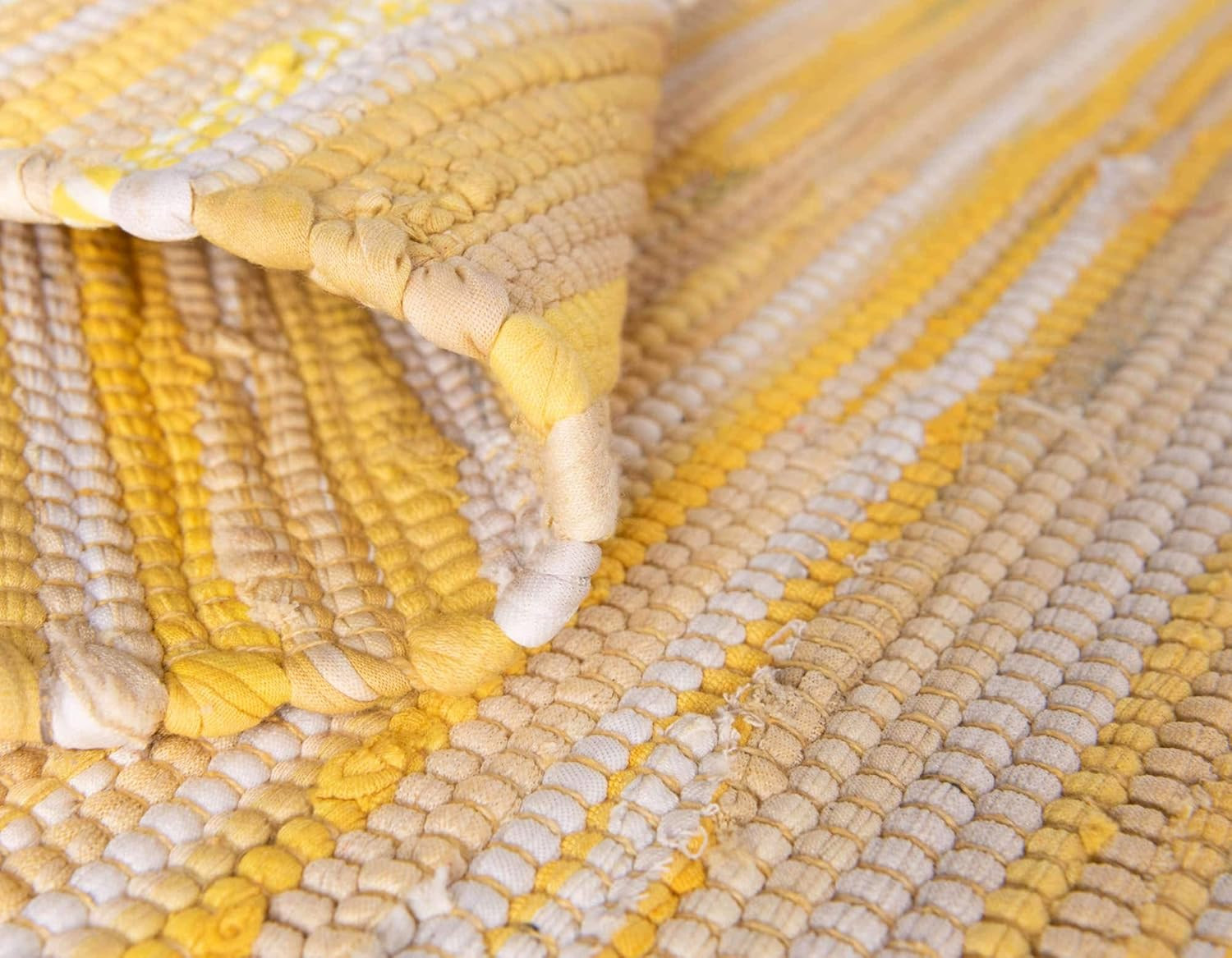 Soft Hand Woven Chindi Cotton Striped Area Rug, 9×12 Ft, Yellow/Ivory