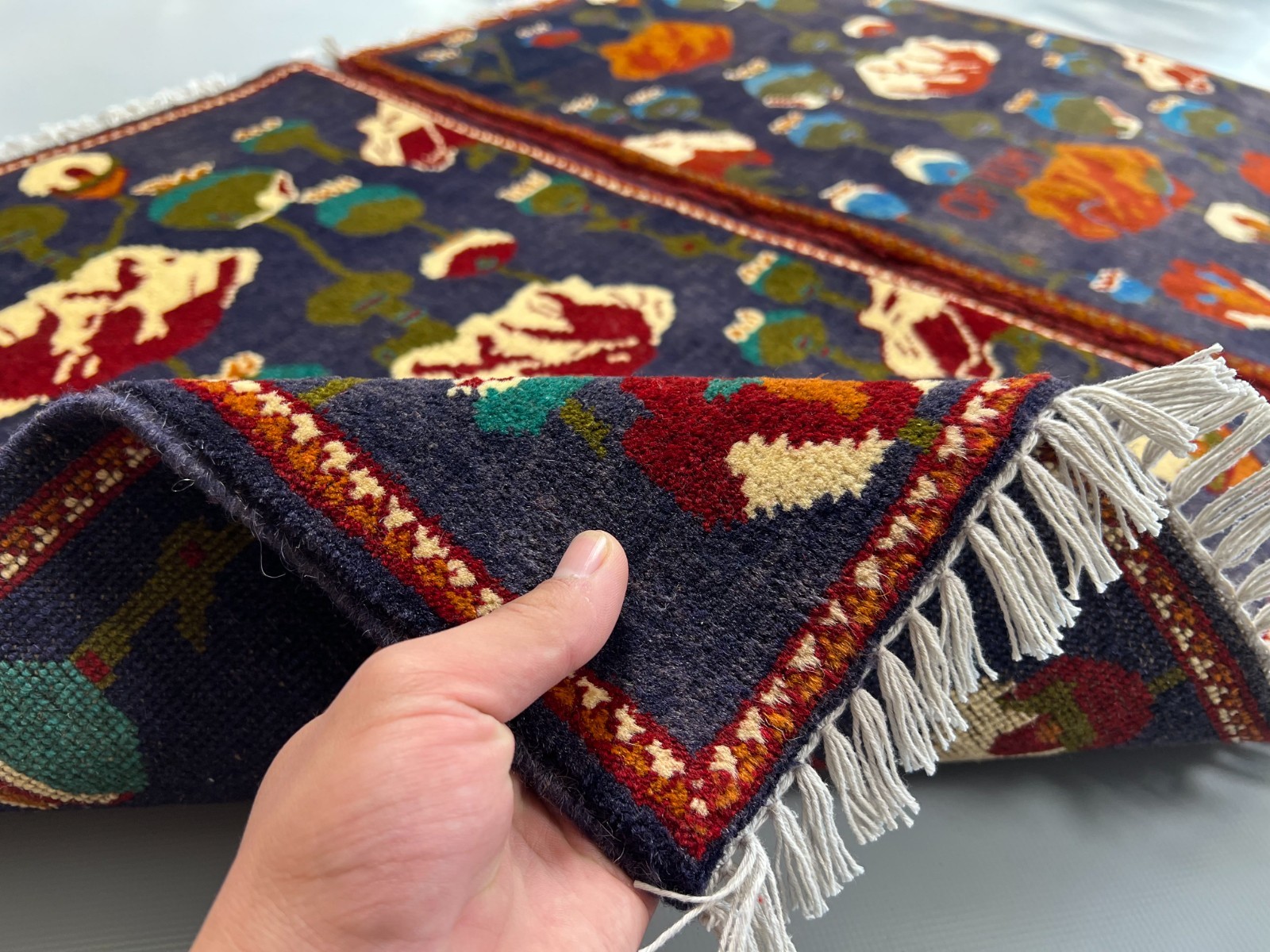 2×2 Set of 2 Afghan Opium Poppy Rugs Handmade Wool Floral Tribal Accent Carpets