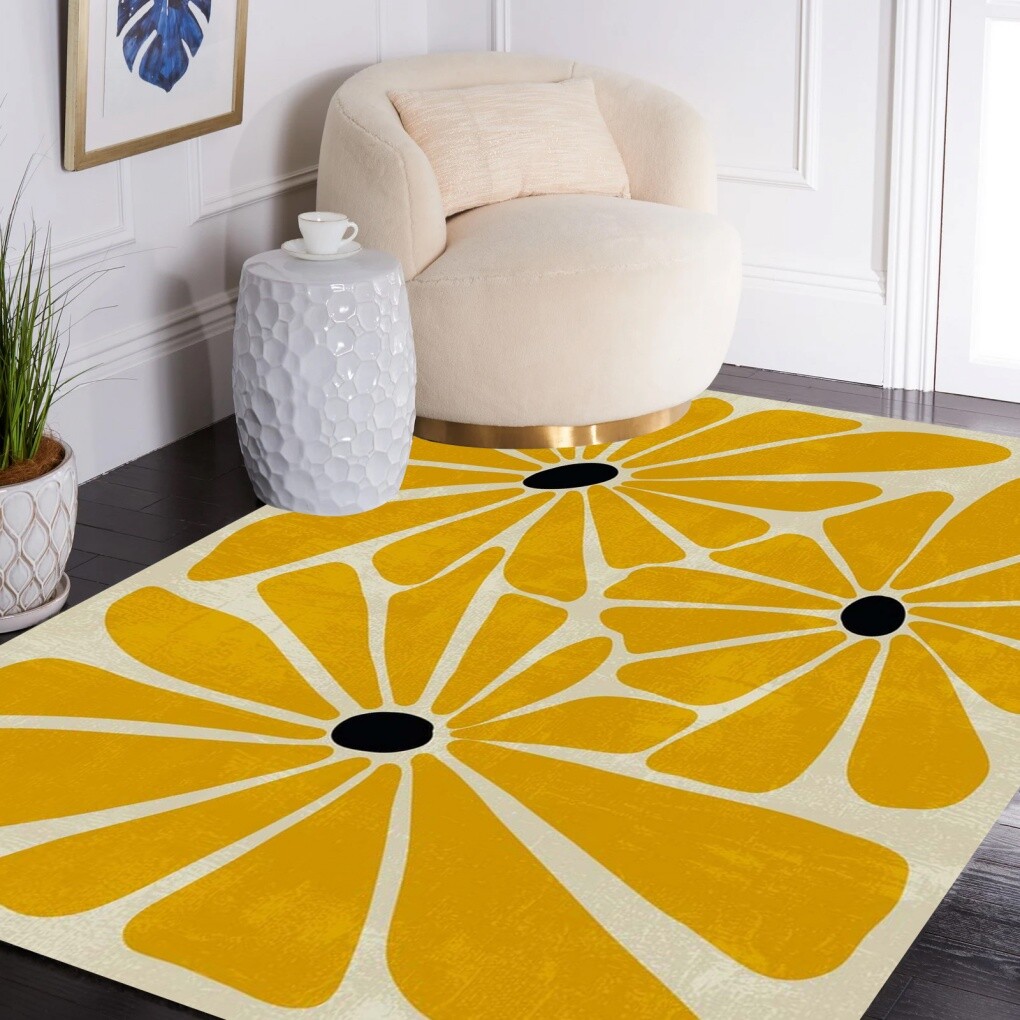 Minimalist Retro Yellow Beige Floral Pattern Carpet Vibrant Modern Cute Boho Rug