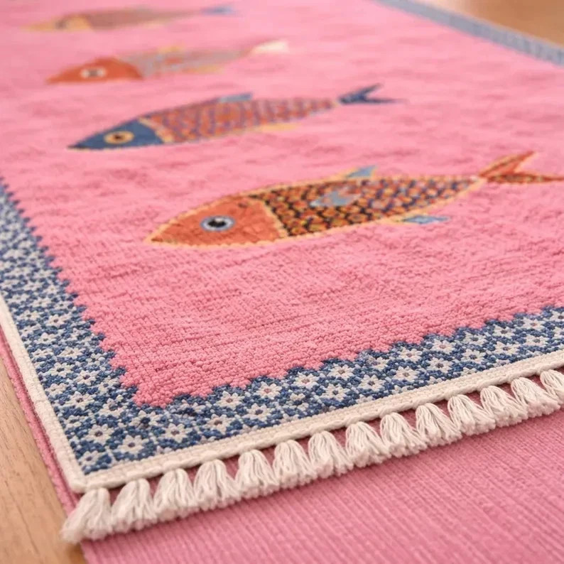 Hand Knotted Wool Fish Rug Runner | Tribal Boho Nautical Anatolian, Pink