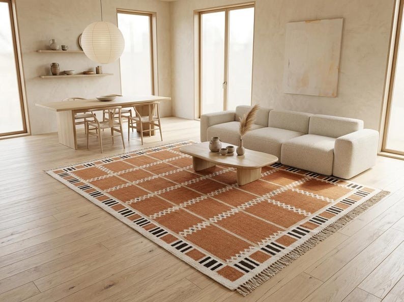 Scandinavian Swedish Kilim Wool Rug Tile Handmade Flat weave Boho Large Area Rug