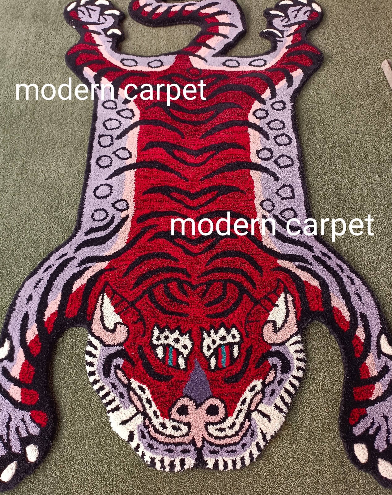 Tibetan Tiger Rug Red Purple Tufted Animal Shaped Carpet Boho Eclectic Decor Rug
