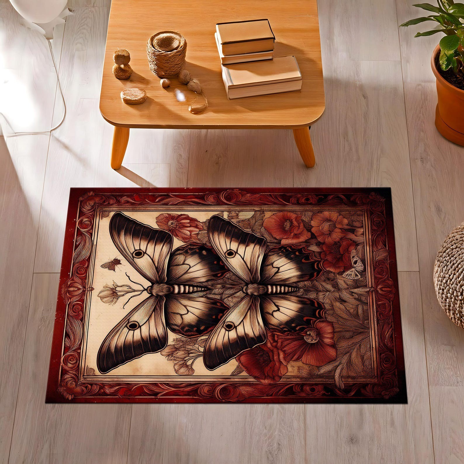 Luna Moth Rug, Mystic Butterfly Rug, Cottagecore Decor, Maroon Cherry Red