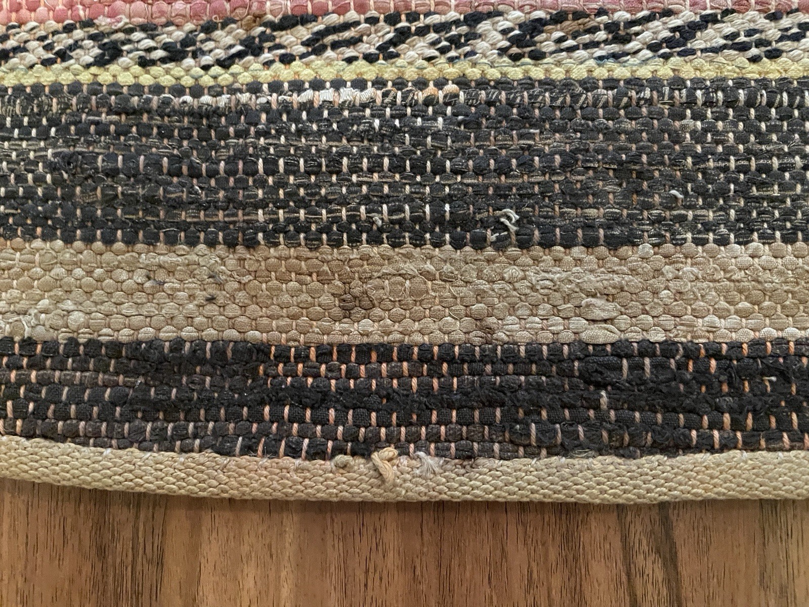 VTG Handmade Woven MCM Rag Rug 89×31 Farmhouse Country Blue Red Black Brown