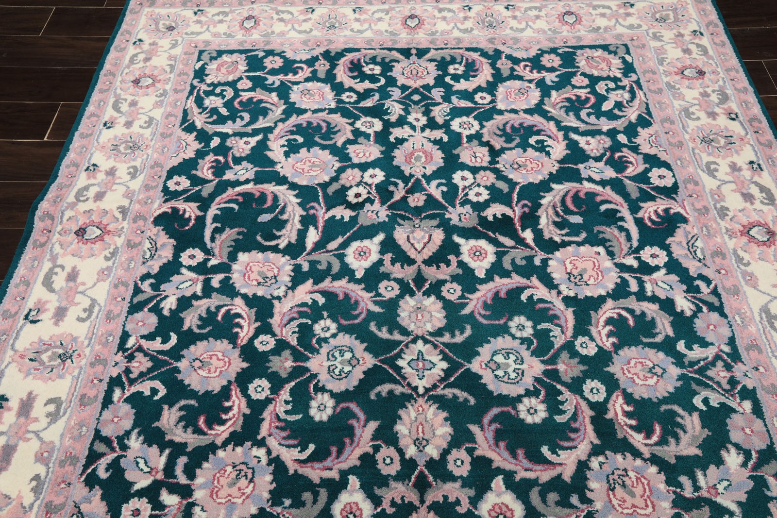 6’x8’10” Hand Knotted Wool Emerald Indo Kashaan Floral Plush Pile Rug