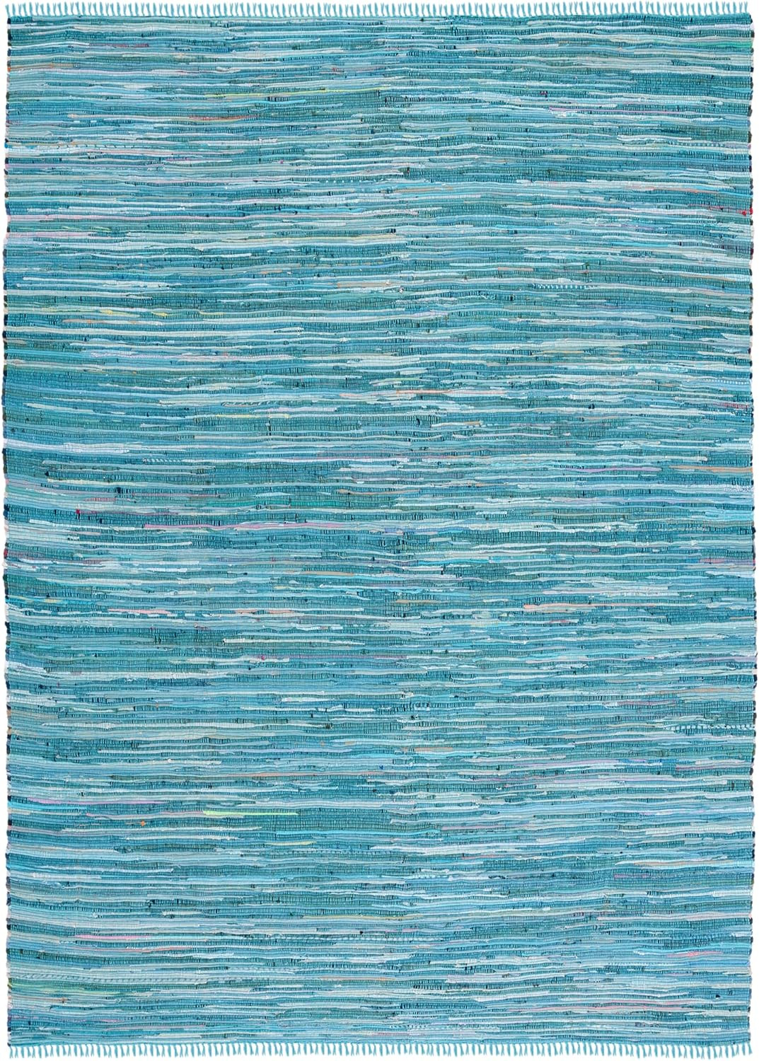 Handmade Boho Stripe Rag Rug – 8′ x 10′, Blue & Multi, Durable for High Traffic