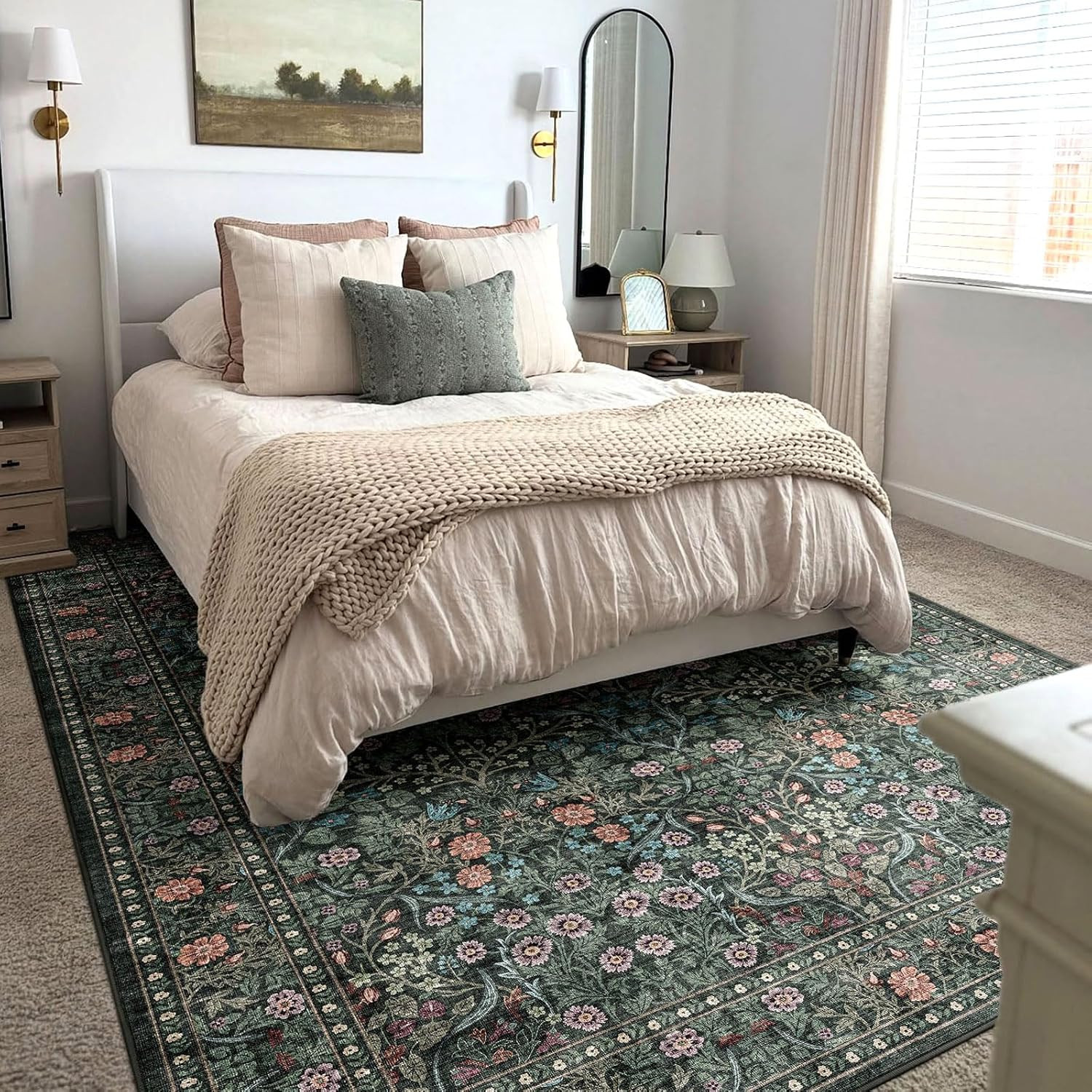 Dark Moody Floral Area Rug – 6X9 Washable Living Room Rug | Black Green Vintage