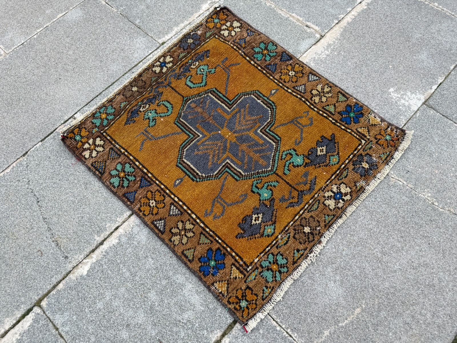 Vintage Oushak Rug 1.8×2 ft Mustard Yellow Turkish Boho Small Accent Rug