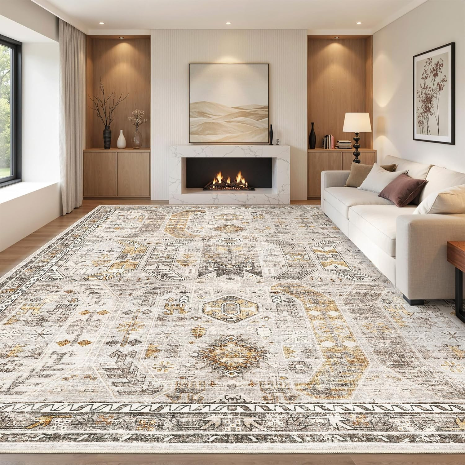 Vintage 10×14 Area Rug, Washable Non-Slip Lightweight, Stain Resistant Brown/Gol