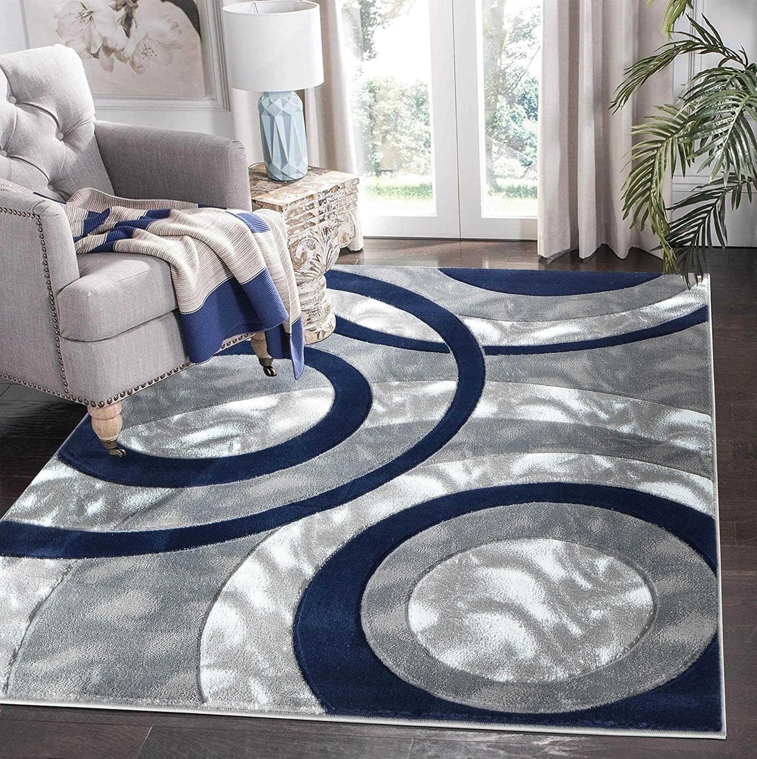Modern Navy Geometric Area Rug – Soft, Fluffy, and Durable