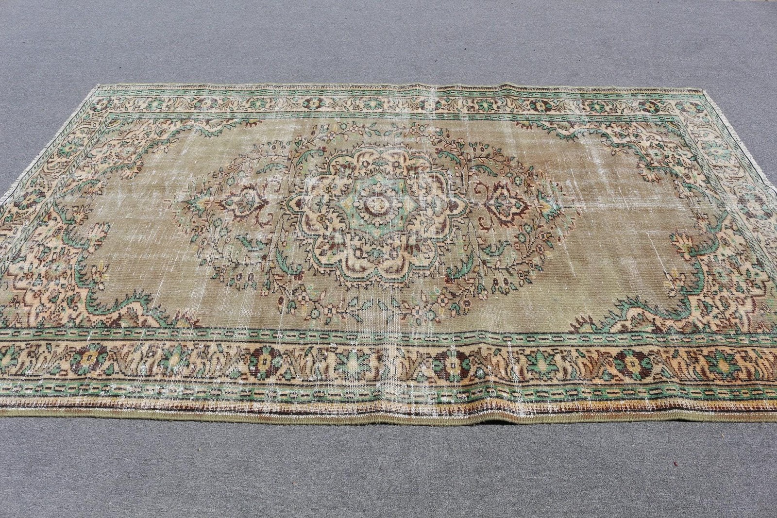 5,8×9,4 ft Large Turkish Vintage Rug, Green Striped Wool Rug