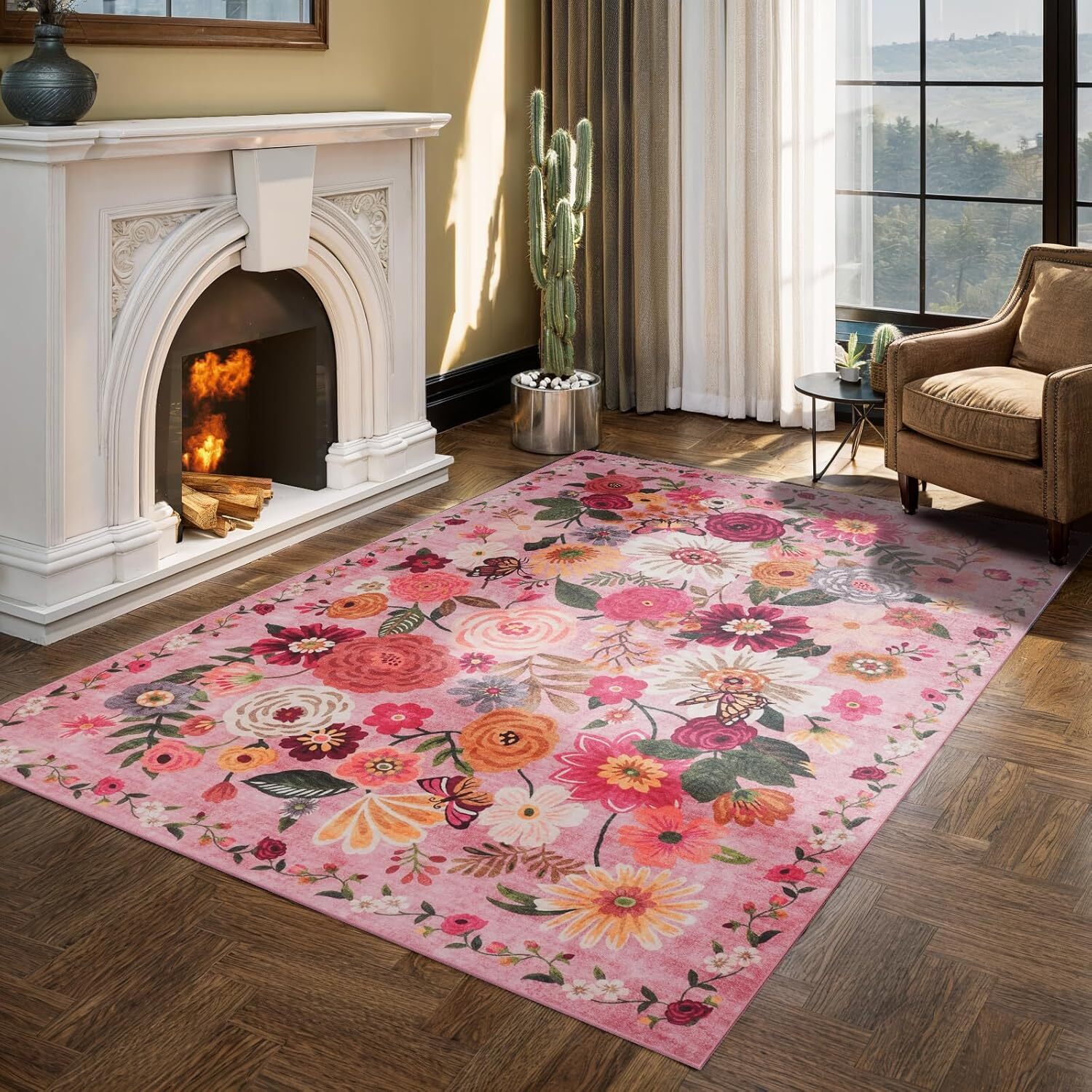 4×6 Washable Boho Floral Area Rug Non Slip Low Pile Green Carpet for Bedroom