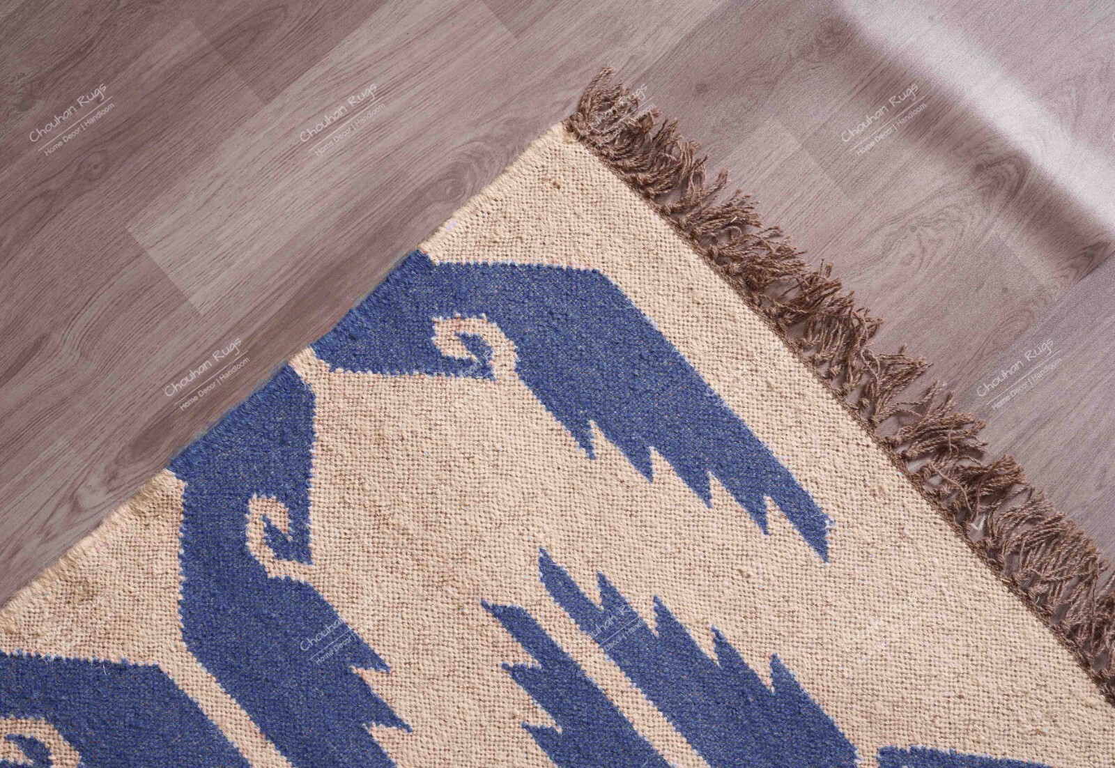 Handwoven Wool Jute Kilim Rug, Off White With Light Blue Design Fringes Jute Rug