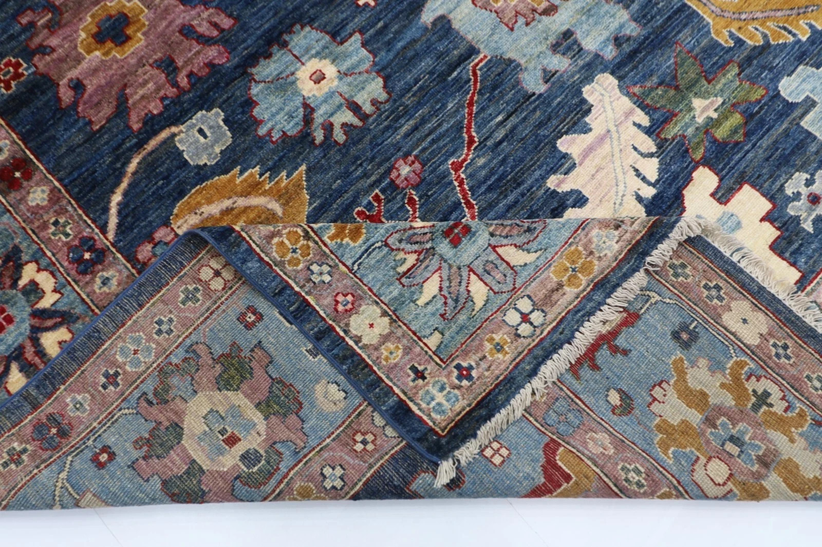 Hand Knotted Oushak Wool Rug Navy Blue Floral Turkish Style Area Carpet 8×10