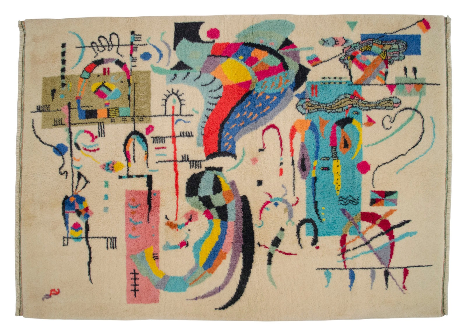 Kandinsky Style Abstract Rug | Vintage Hand-Knotted Wool Art Carpet 3’7″ x 5’0″