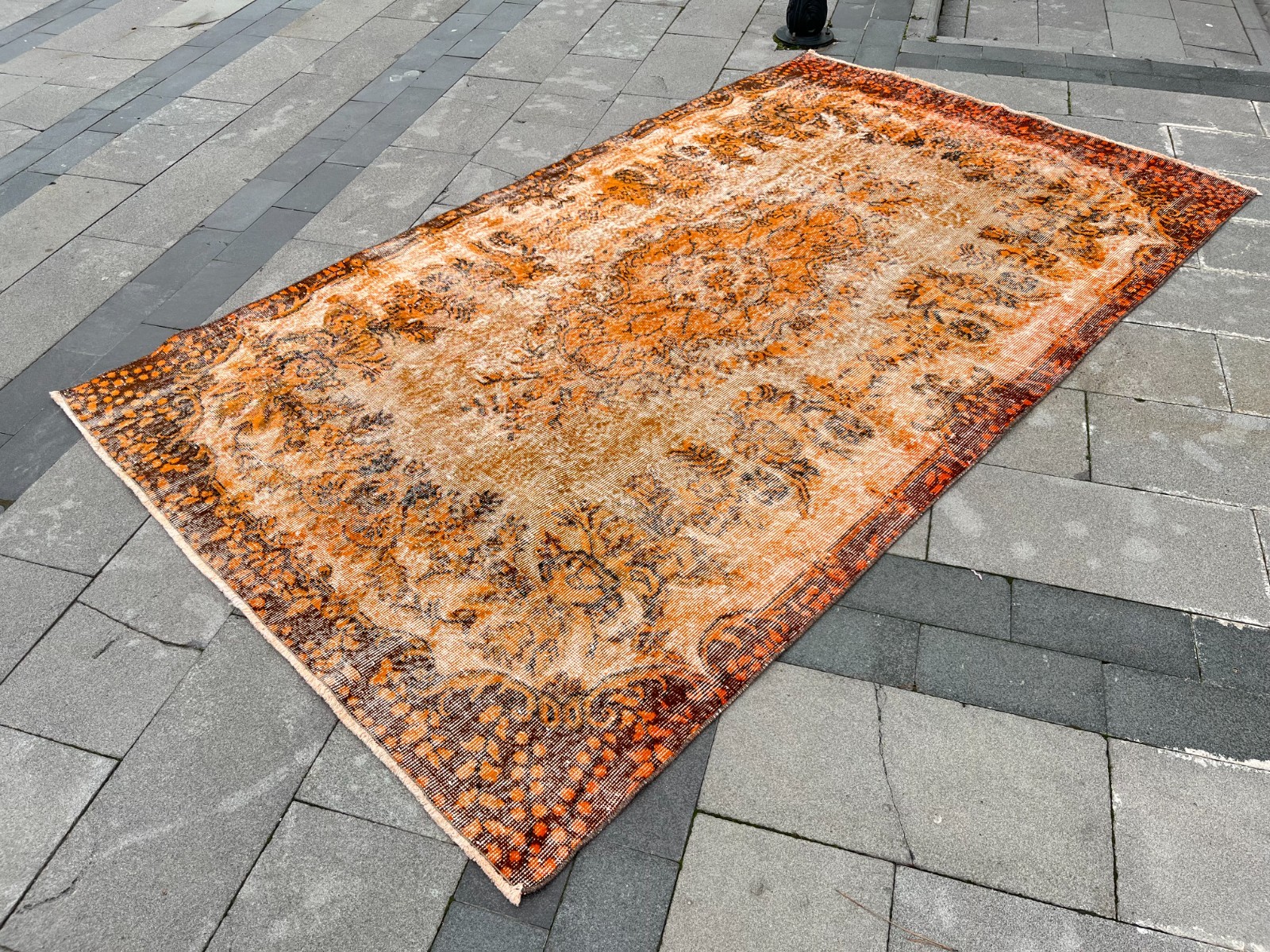 5.4×9.3 Ft Vintage Overdyed Turkish Rug Distressed Oushak Orange Wool 5×9