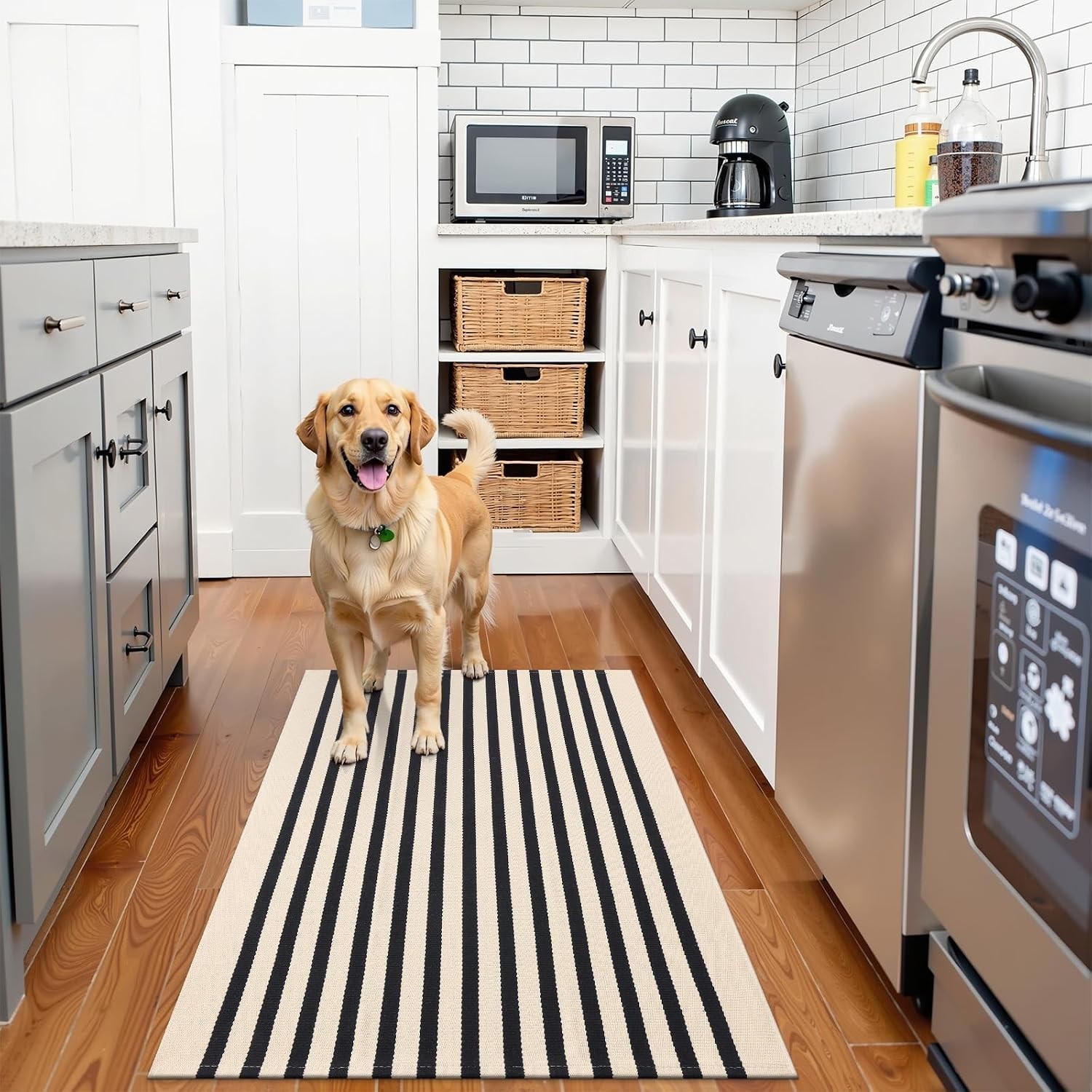Beige and Black Striped Rug 2’4″ x 3’7″ 27.5″ x 43″ – Washable Cotton Doormat…