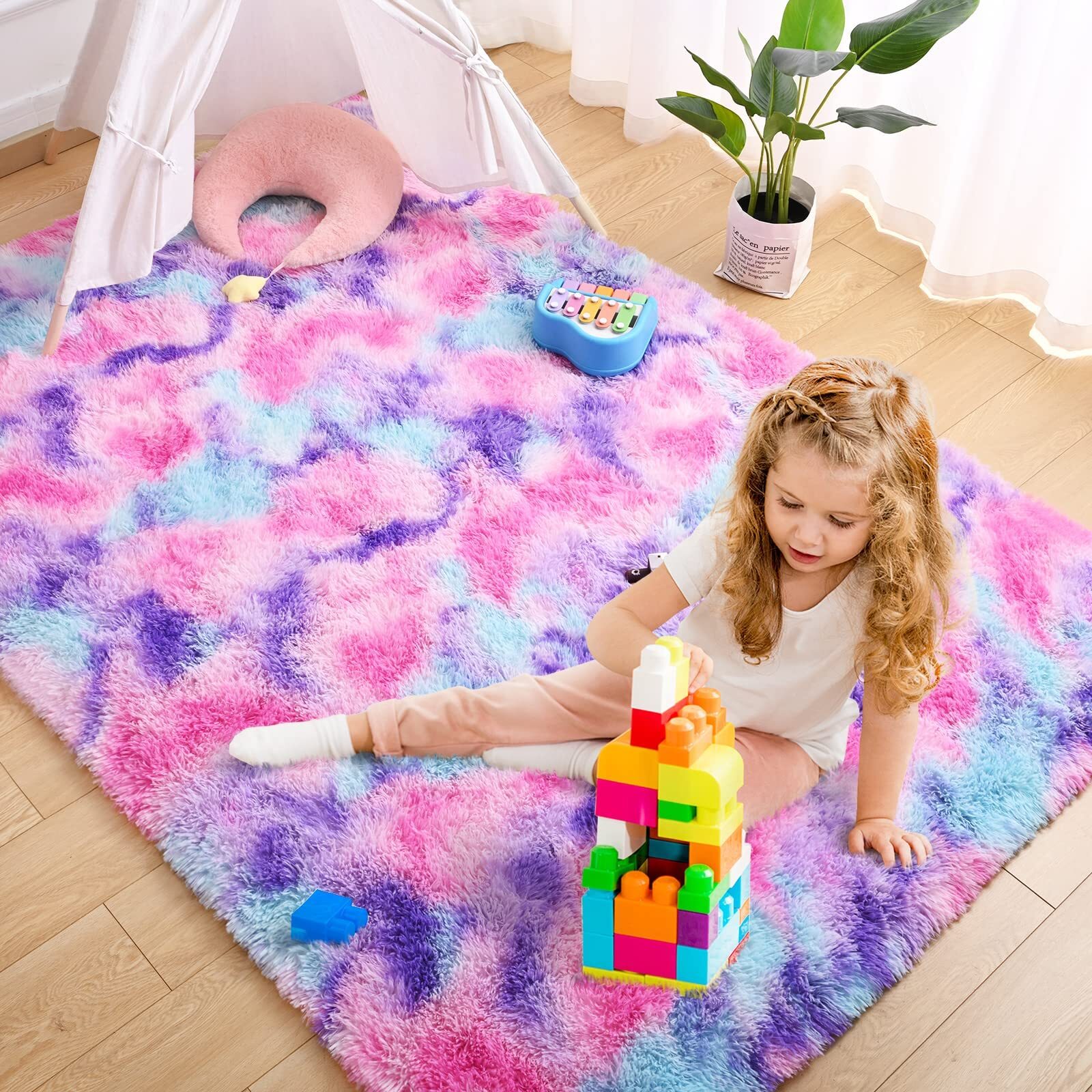 Soft Fluffy Rainbow Area Rug Ideal for Girls’ Bedrooms Hot Pink 4×6 Feet