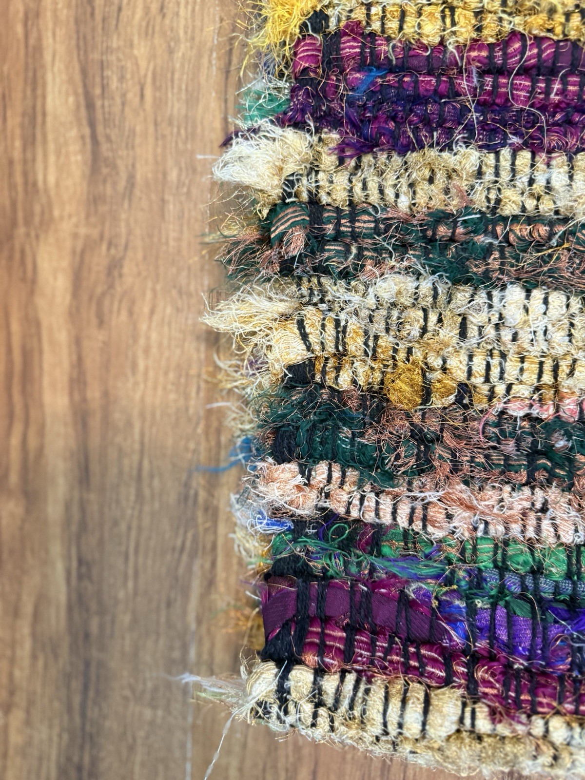 Vintage Handwoven Chindi Bohemian Rug 3×5 Multi w Metallic Yarn Accents Tassel 1