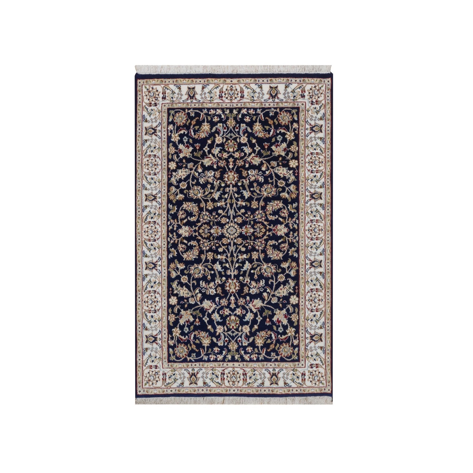 3’2″x5’1″ Midnight Blue Nain Flower Design Wool & Silk Hand Knotted Rug 92485