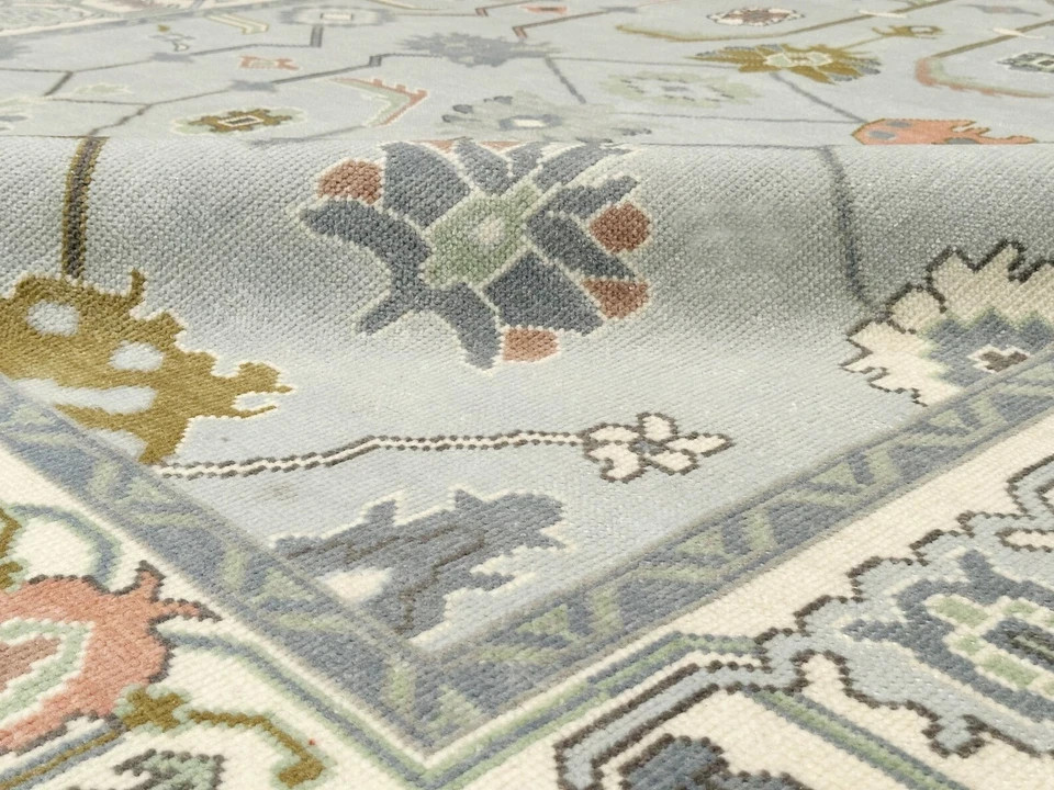 Hand Knotted Oushak Rug Gray Wool Area Rug Turkish Vintage Carpet