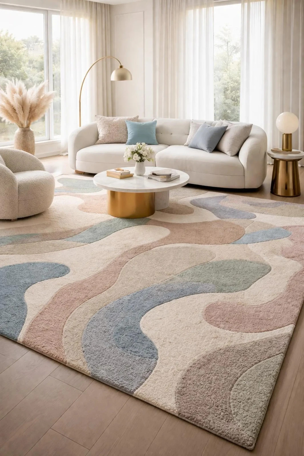 Hand-Tufted Organic Shape Abstract Rug – Terracotta and Sky, Blue Wool Area Rug