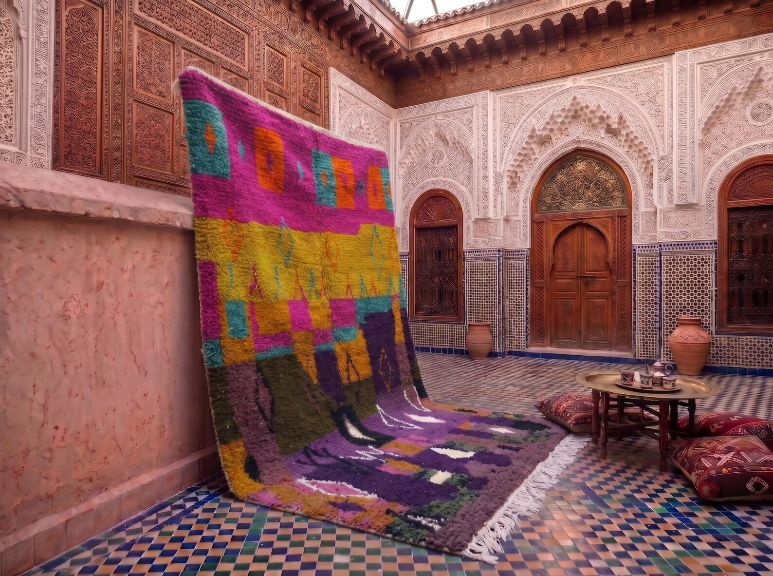 Hand-knotted Wool Area Rug | Bold Tribal Color Block Berber Carpet, Maximalist