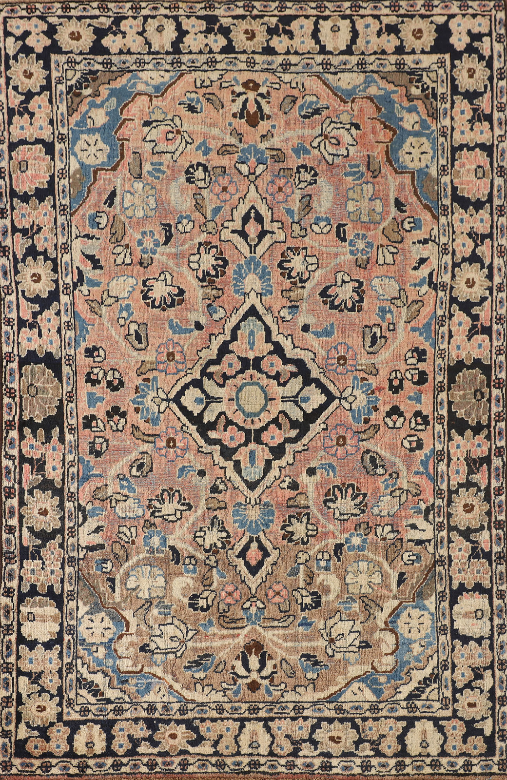 Antique Pink/ Navy Blue Floral Wool Hand-made Mahal Traditional Floral Rug 4×6