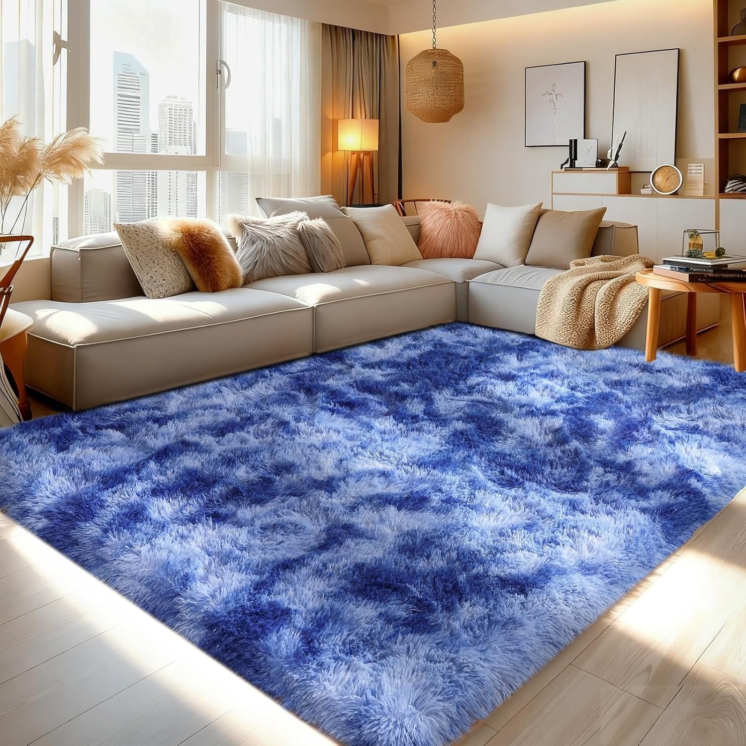 Fluffy Area Rug 8×10 Tie-Dyed Blue Large Soft Shaggy Plush Mat for Bedroom Floor