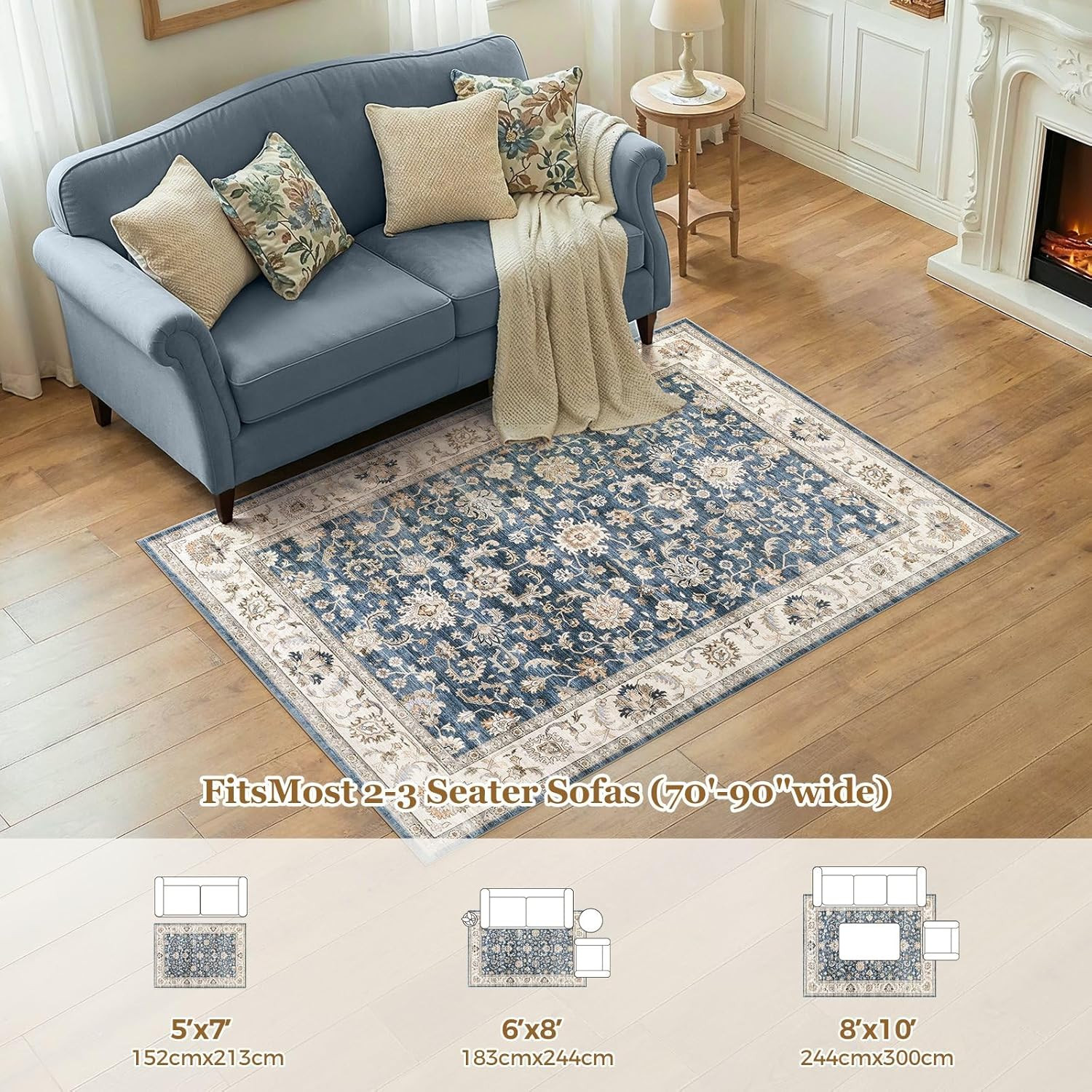 Modern 9×12 Blue Area Rug – Machine Washable, Non-Slip, Stain Resistant
