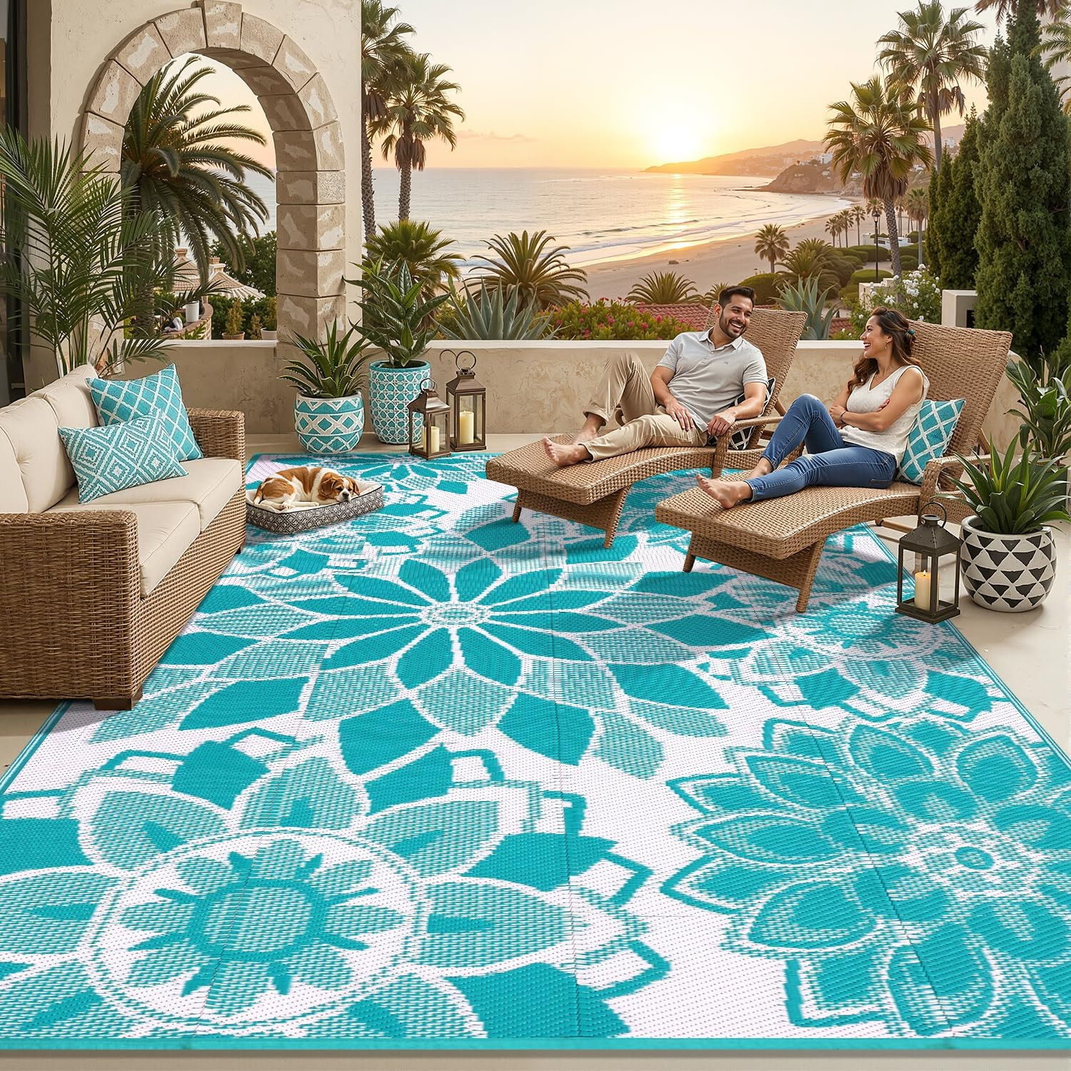 Outdoor Rug for Patio 8X10 Ft Reversible Plastic Straw Patio Camping Rug, Floral