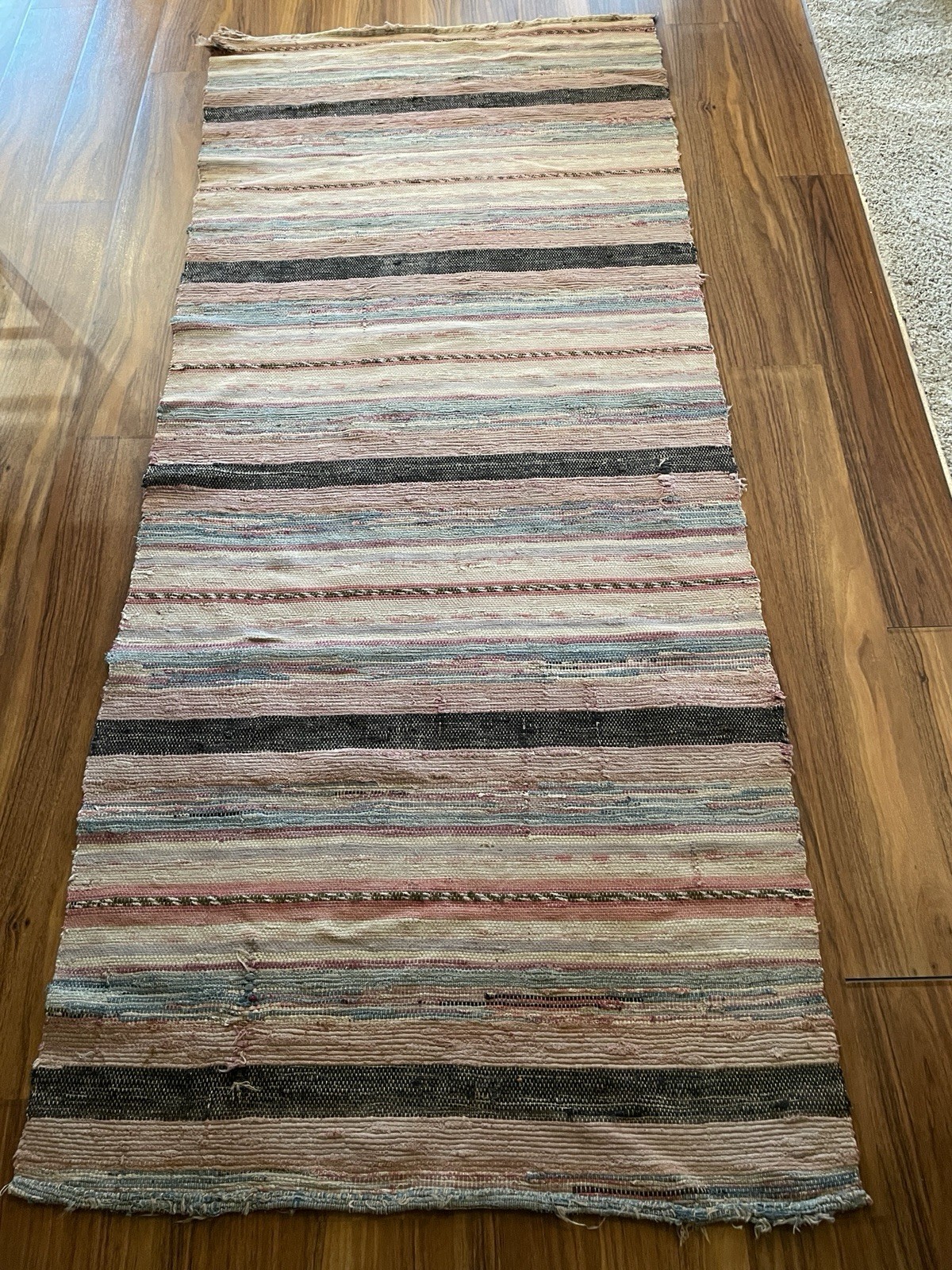 VTG Handmade Woven MCM Rag Rug 80×34 Farmhouse Country Blue Red Black Brown