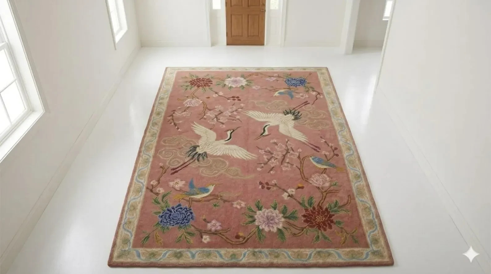 Pink Crane hand Tufted Rug, Chinoiserie Area Rug, Handmade Floral Bird Rug,