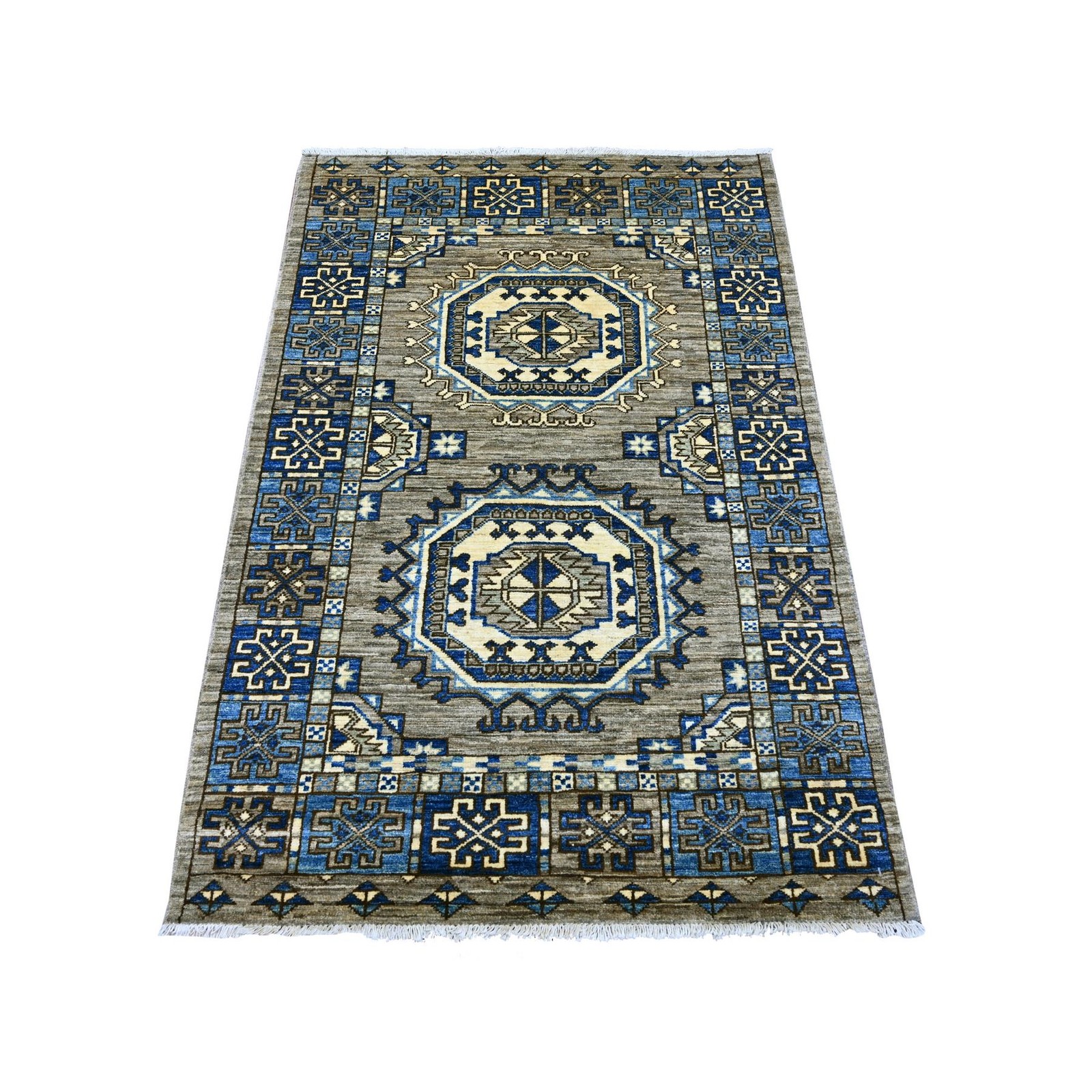 3’3″x4’10” Gray Hand Knotted Afghan Ersari Elephant Feet Design Wool Rug 22538
