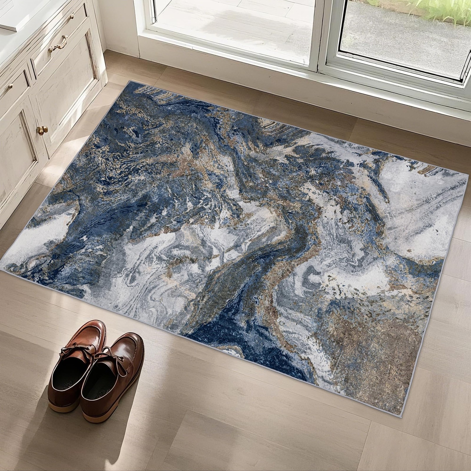 Blue Washable 2×3 Entryway Rug: Modern Abstract Small Area Rug for Kitchen Ba…