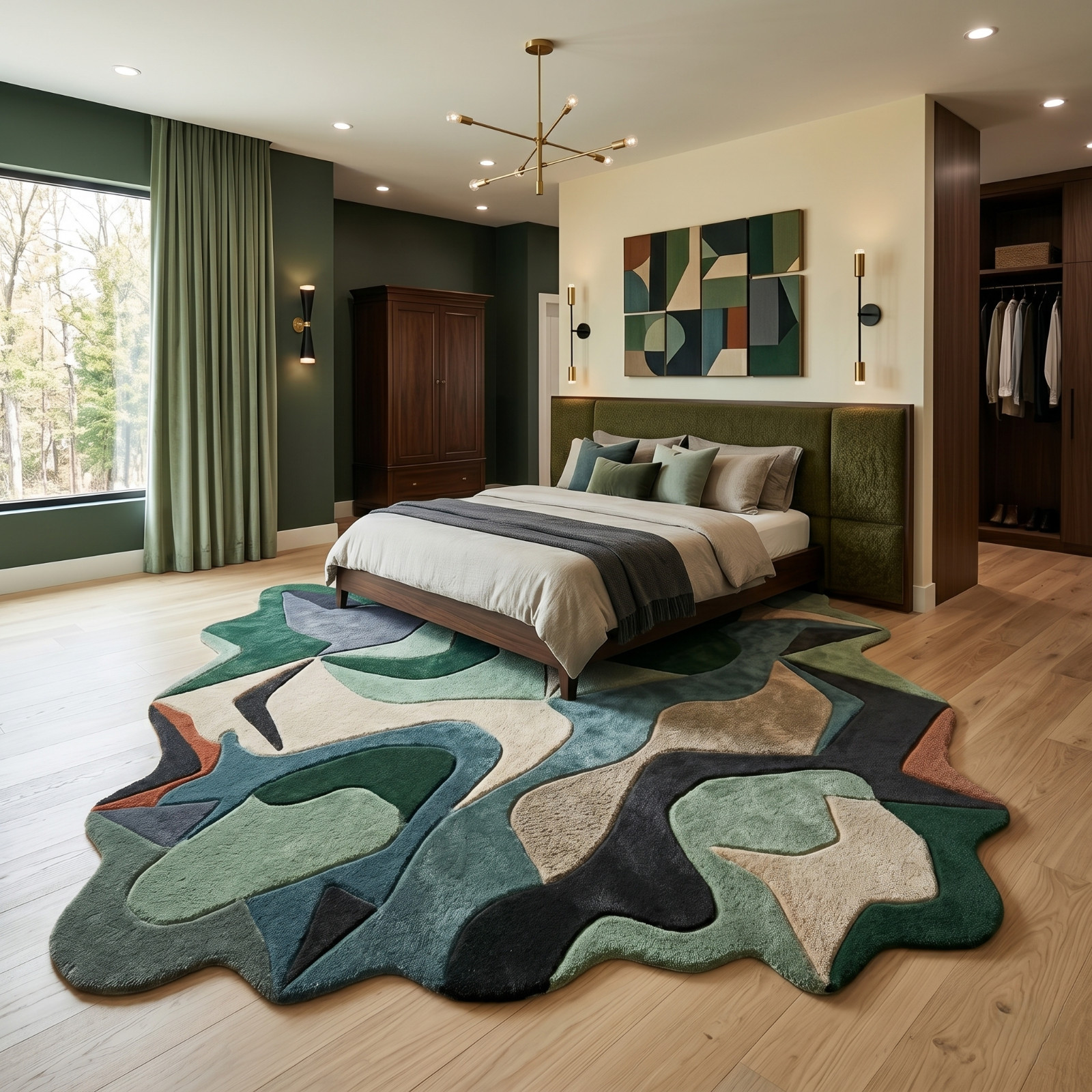 8×10 Green Teal Rust Abstract Wavy Hand Tufted Wool Rug Modern Living Room Area