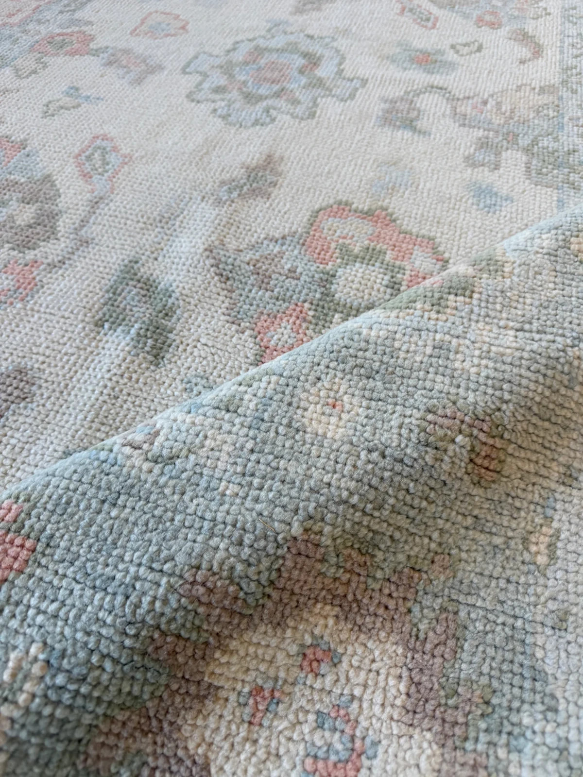 Ivory Aqua Hand Knotted Oushak Wool Area Rug, Distressed Floral Design