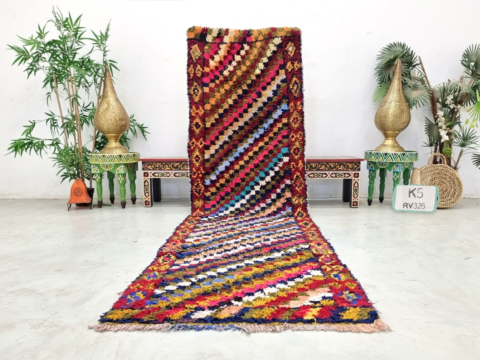 Moroccan Handmade Vintage Boucherouite2’8×9’1Berber Checker Red &Blue Cotton Rug