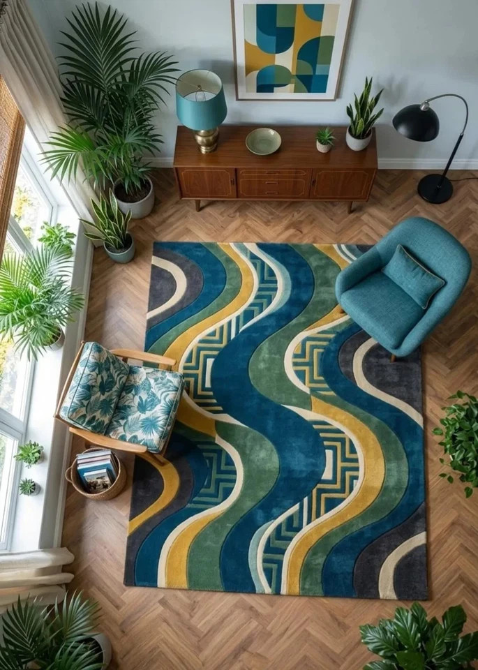 Hand Tufted 100% Wool Rug: Modern Abstract Wave Blue Green Area Carpet